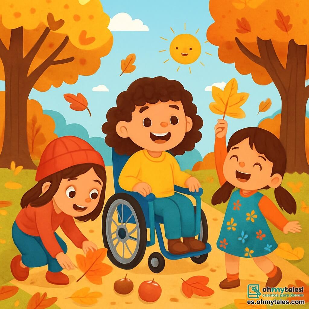 Hay 3 personajes: - Martina: una niña de 8 años con cabello rizado y castaño, sentada en su silla de ruedas, sonriente, usando un suéter amarillo brillante. Ella está en el centro de la imagen, rodeada de sus amigas. - Carmen: una niña de 7 años con un sombrero rojo y cabello liso, que se inclina hacia adelante para recoger una hoja naranja brillante. Ella está a la izquierda de Martina, con los ojos brillantes de curiosidad. - Lucía: una niña de 6 años con largas trenzas y un vestido de flores, sosteniendo una gran hoja amarilla en forma de estrella. Ella está a la derecha de Martina, sonriendo alegremente y levantando la hoja sobre su cabeza. El lugar es un jardín otoñal vibrante, lleno de grandes árboles con hojas doradas, rojas y marrones, con un camino de tierra rodeado de hojas caídas. El cielo es azul claro con algunas nubes blancas, y el sol brilla suavemente, iluminando el paisaje. La situación principal muestra a las tres amigas riendo y jugando juntas, rodeadas de hojas coloridas, buscando tesoros de otoño como castañas y manzanas, mientras comparten historias y risas bajo un gran árbol majestuoso.