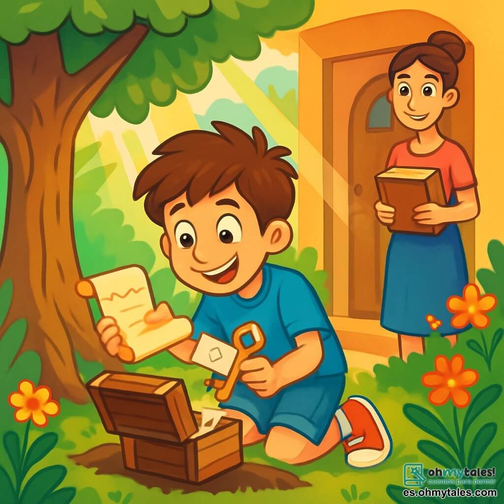 Un niño de 10 años, con el cabello castaño desordenado y ojos llenos de curiosidad, está agachado en un jardín verde. Lleva una camiseta azul y un pantalón corto de mezclilla, y su rostro expresa una intensa alegría y emoción al descubrir una pequeña caja de madera enterrada bajo una raíz de árbol. Cerca, su madre, una mujer de unos 35 años con el cabello castaño recogido en un moño, observa con una sonrisa amable, sosteniendo un libro antiguo en sus manos. El jardín está lleno de vegetación exuberante, con un gran roble de tronco nudoso, flores brillantes y rayos de sol filtrándose a través de las hojas, creando una atmósfera mágica. La escena principal muestra al niño abriendo la caja de madera, revelando una nota misteriosa y una llave brillante, mientras su mirada está llena de asombro y anticipación, listo para embarcarse en una nueva aventura.