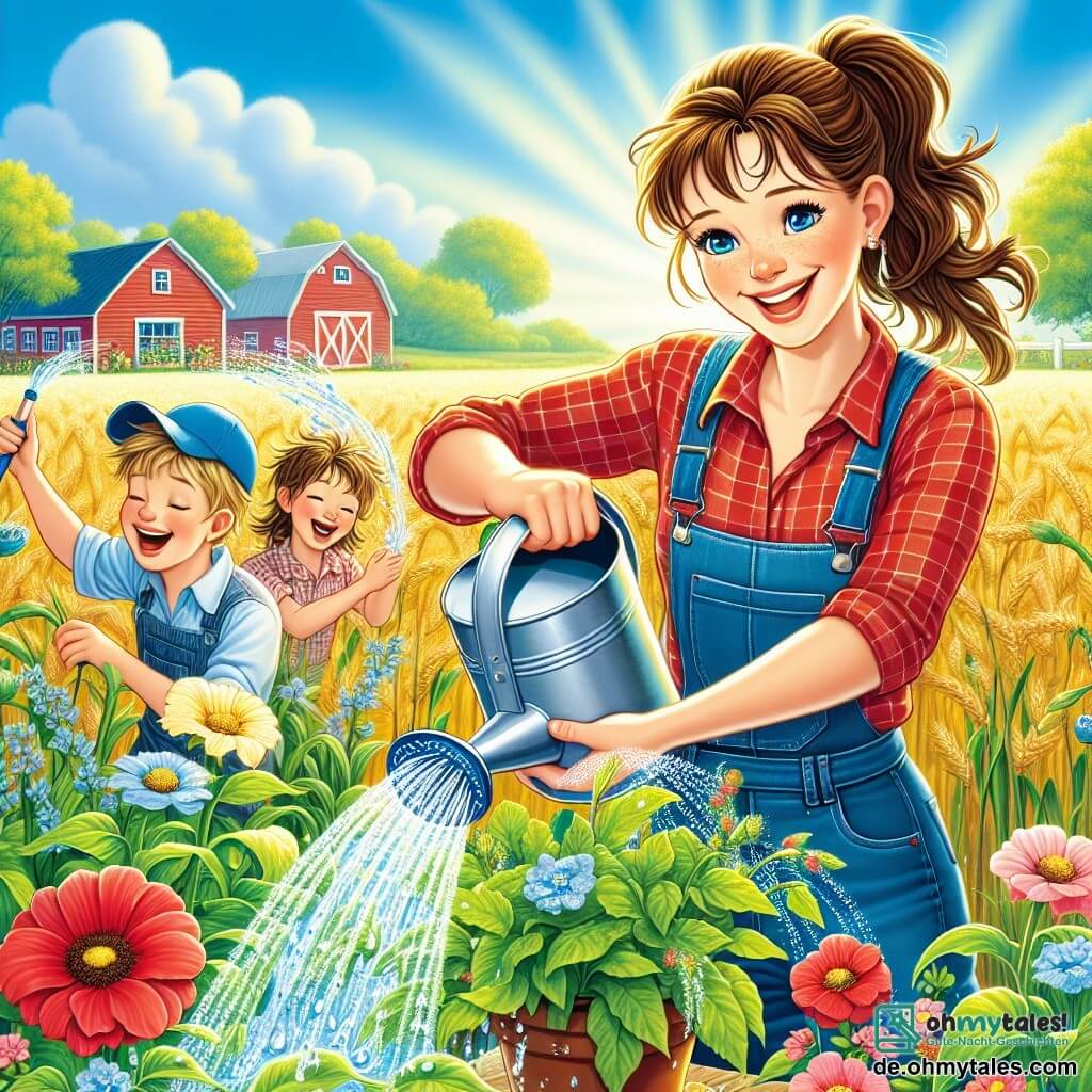 Eine Frau, die Bäuerin Emma, steht im Mittelpunkt des Bildes, lächelnd und voller Energie, mit braunen Haaren, die zu einem Pferdeschwanz gebunden sind. Sie trägt ein rotes karierter Hemd und Jeans, hält eine große Gießkanne und gießt Wasser auf grüne Pflanzen. Neben ihr steht ein zehnjähriger Junge, Max, mit zerzausten blonden Haaren und einer blauen Mütze, der fröhlich Wasser auf die Blumen spritzt und lacht. Die Kulisse ist ein wunderschönes goldenes Weizenfeld, durchsetzt mit bunten Blumen, unter einem strahlend blauen Himmel mit einigen weißen, flauschigen Wolken. In der Ferne sieht man eine rote Scheune und grüne Bäume, die das Feld säumen. Die Hauptszene zeigt Emma und Max, die sich um die durstigen Pflanzen kümmern und den lang ersehnten Regen feiern, während glitzernde Wassertropfen um sie herum fallen und eine fröhliche, lebendige Atmosphäre schaffen.