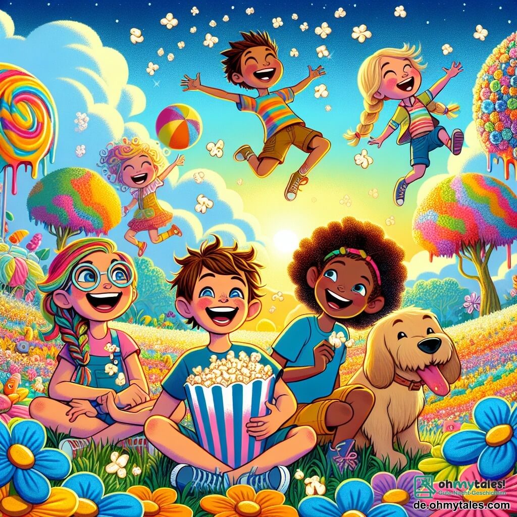 In einer bunten und verrückten Welt stehen fünf Freunde auf einem großen Feld mit bunten Blumen. Benni, ein 10-jähriger Junge mit zerzausten Haaren und einem roten T-Shirt, platzt mit einem breiten Lächeln Popcorn. Neben ihm ist Mia, ein 9-jähriges Mädchen mit braunen Haaren und runden Brillen, umgeben von Blumen, die um sie herumtanzen, als würden sie mit ihr sprechen. Felix, ein 11-jähriger Junge mit blonden Haaren und blauen Shorts, schwebt mit ausgebreiteten Armen in der Luft und lacht laut. Leni, ein 10-jähriges Mädchen mit bunten Zöpfen, verwandelt mit einer Handbewegung die Bäume in Süßigkeiten, während Paul, ein 9-jähriger Junge mit lockigem Haar, auf einem riesigen Hund sitzt, lacht und einen großen Ball hält. Die Szene zeigt die Freunde inmitten eines verrückten Rennens, umgeben von fliegendem Popcorn, mit Lachen und Farben überall. Sie haben Spaß daran, mit ihren magischen Kräften erstaunliche Dinge zu erschaffen und die Welt um sie herum in einen wahren Karneval der Freude und des Wahnsinns zu verwandeln.