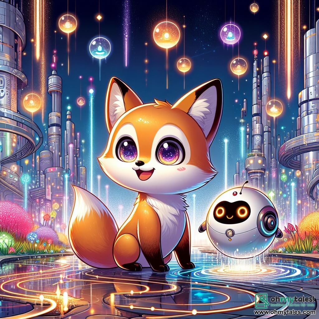 A young fox with sparkling eyes and fur as bright as a sunset stands at the center of the scene, amazed and curious, looking around with an excited smile. Beside him is a small, rounded robot with glowing eyes, expressing friendly joy, floating slightly above the ground, ready to guide the fox on this incredible adventure. The setting is a futuristic city with shimmering silver buildings that seem to dance in the wind, vibrant illuminated hanging gardens, and glowing paths winding through the scene. Floating orbs emit soft melodies, adding a touch of magic to the atmosphere. The main scene shows the fox and the robot standing in front of a musical fountain, where water shoots up in sparkling arcs, creating a fairy-tale ambiance. The enthusiastic fox is getting ready to explore this fascinating world while the robot explains the wonders of TechnoTopia.