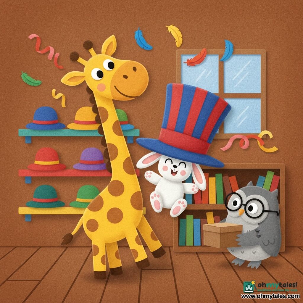 A tall yellow giraffe with brown spots, a soft muzzle and laughing eyes wears a very tall red-and-blue striped hat that tilts; she smiles widely and leans as if unsteady, while a small fluffy white rabbit (Benny) is completely hidden under the hat with only long ears and kicking feet visible; a librarian owl, Mr. Owl, with round glasses and gray plumage holds the hat box beside a shelf and watches the scene with a surprised, kindly expression; the setting is a cozy felt hat shop with a brown wooden floor, colorful shelves of felt hats and a large square window letting in soft light; the oversized hat tips and falls onto the rabbit, creating a funny, joyful moment with flying accessories (feathers, ribbons) accenting the motion.
