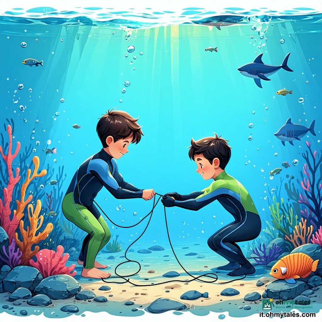 Tre ragazzi di 11 anni: un biondo spettinato con una muta verde a sinistra che sorride e tiene delicatamente l'ala libera della manta; un castano a capelli corti con una macchia di sale sul naso al centro, in ginocchio sott'acqua con una muta azzurro chiaro che tende la mano per tagliare un filo di nylon attorno all'ala; un riccio moro seduto su una piccola imbarcazione anfibia a destra con una muta rossa che controlla una cima galleggiante dalla superficie, vigile e calmo. Sfondo: fondale vicino a una costa rocciosa, acqua traslucida con raggi di sole dorati, foresta di alghe smeraldo ondeggianti, massi con conchiglie e banchi di piccoli pesci argentati. Situazione: salvataggio tenero e concentrato di una grande manta grigio-bluastra dai bordi nacré con un filo di nylon attorno a un'ala e una piccola graffiatura vicino all'occhio; gesti delicati, atmosfera rassicurante, dettagli visivi netti; palette luminosa acquerello nei toni di blu, verde e tocchi di giallo dorato.