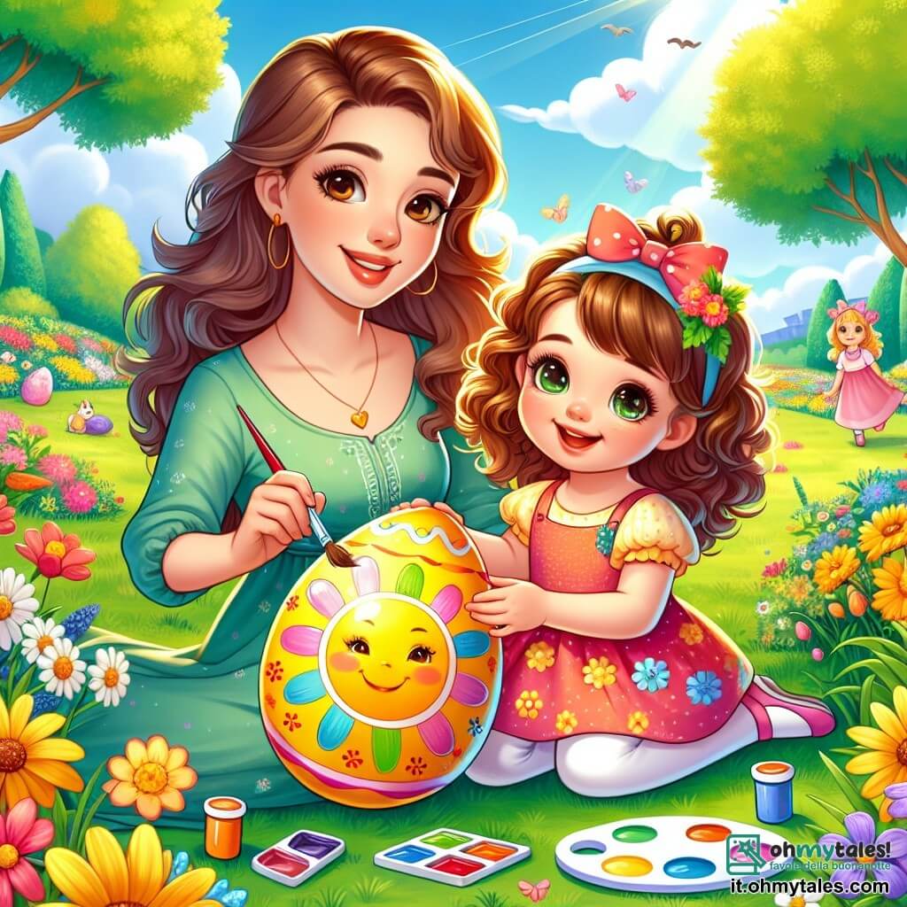 Una bambina di 2 anni, di nome Lina, con grandi occhi brillanti e capelli ricci castani, sorride con meraviglia tenendo in mano una tavolozza di colori vivaci. È seduta sull'erba verde del parco, circondata da fiori colorati, mentre dipinge un grande uovo di Pasqua giallo con un sole raggiante. Accanto a lei, sua madre, una donna di circa 30 anni con capelli lunghi e lisci, indossa un vestito leggero e colorato e la incoraggia con un sorriso caloroso. Si piega leggermente verso Lina, tenendo un pennello in una mano e un altro uovo nell'altra. Il parco è pieno di fiori brillanti, grandi alberi con foglie verdi e altri bambini che giocano e ridono sullo sfondo. Il cielo è blu con alcune nuvole bianche e il sole splende gioiosamente. In questa scena, Lina sta creando un'opera d'arte per Pasqua, piena di gioia e immaginazione, mentre sua madre la incoraggia e condivide questo momento magico con lei.