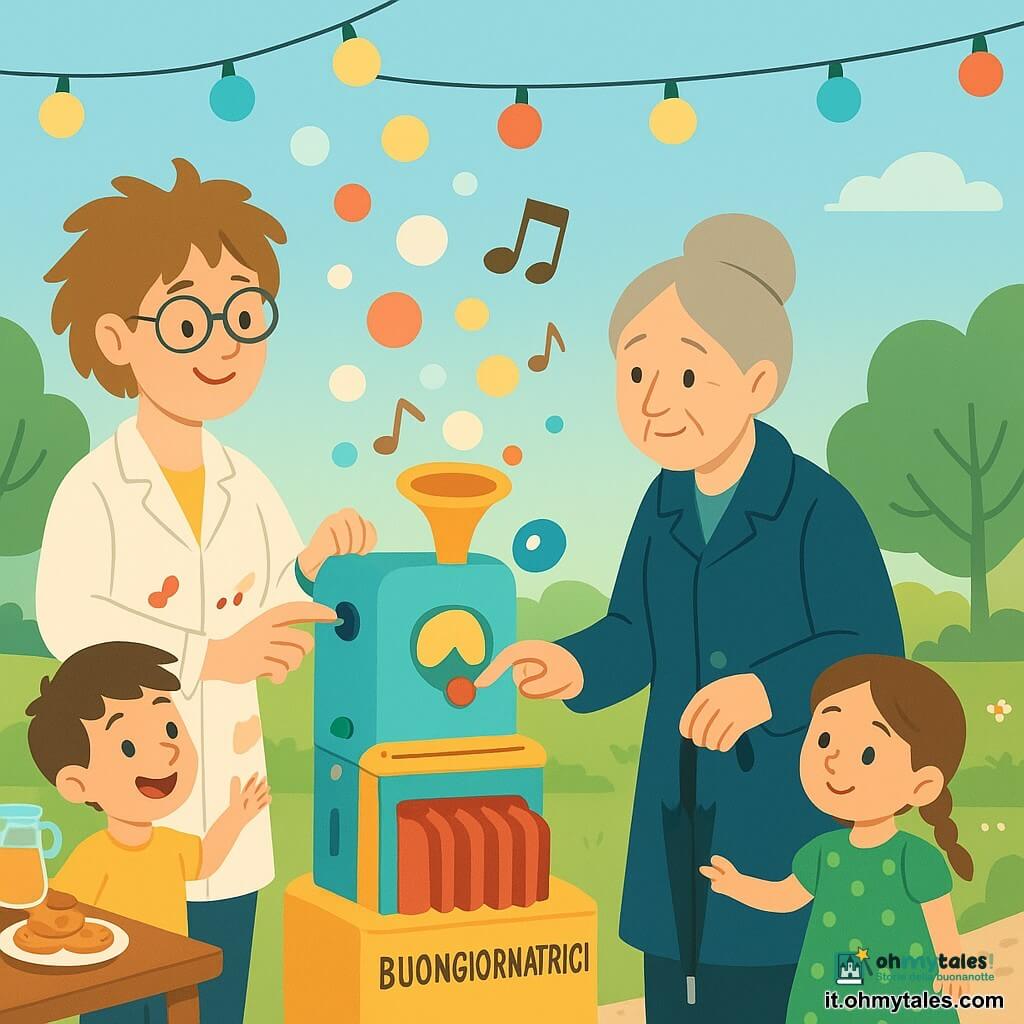 Una donna inventrice, gioiosa e concentrata, capelli castano chiaro spettinati, occhiali tondi sul naso e camice macchiata, tiene la "Buongiornatrice" con entrambe le mani e sorride; una donna anziana di circa 70 anni, timida e sollevata, capelli grigi raccolti in chignon e cappotto blu scuro, tiene un ombrellino e preme delicatamente il grande pulsante rosso accanto all'inventrice; un bambino di 6 anni eccitato con capelli corti castani e maglietta gialla salta a sinistra vicino a un tavolo con biscotti osservando la macchina; una bambina di 5 anni curiosa con due trecce e vestito verde a pois tiene la mano di un adulto fuori campo e guarda la tromba decorata dell'apparecchio; ambientazione: giardino di quartiere a fine pomeriggio con prato verde, lanterne colorate appese, tavolo in legno con biscotti e succo e fiori che costeggiano un sentiero di ghiaia; scena: inaugurazione di una macchina bizzarra e amichevole che emette bolle, note musicali e piccoli messaggi, persone in fila per provarla, atmosfera festosa e rassicurante con colori caldi (giallo, azzurro, verde tenue) e illuminazione morbida; composizione chiara: macchina al centro, inventrice a destra che la regge, donna anziana davanti che preme il pulsante, bambini a sinistra che osservano, sullo sfondo lanterne e tavolo.