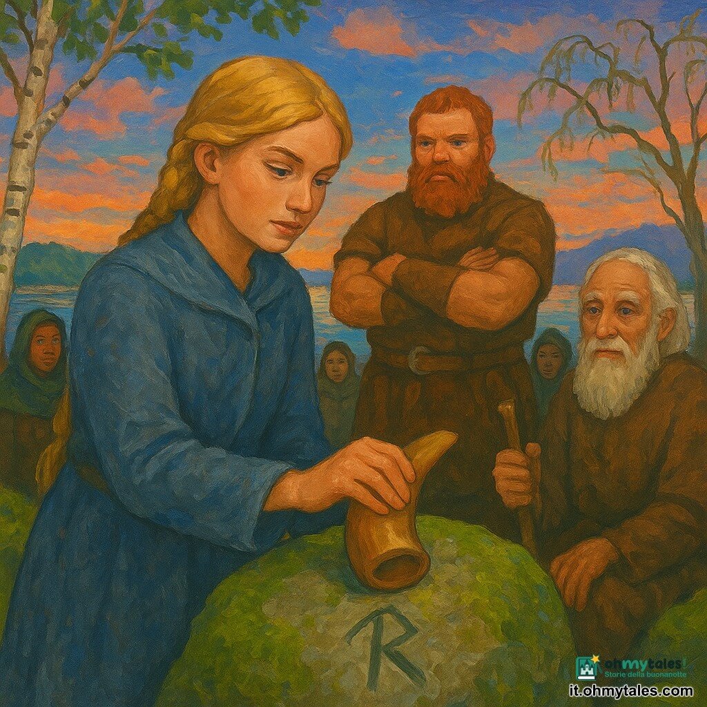Una protagonista: Una, giovane donna dal viso determinato e dolce, capelli biondi intrecciati, mantello di lana grigio-blu; posa lentamente una corna di legno levigato su una grande pietra muschiosa, espressione serena e risoluta. Secondario: Bjorn, uomo maturo, corporatura larga, barba rossa arruffata, armatura di cuoio semplice, dietro Una con le braccia incrociate, diffidente ma impressionato. Secondario: l'Anziano guardiano, uomo anziano dalla pelle rugosa, capelli e barba bianchi, bastone di legno, seduto su una pietra vicina con sguardo benevolo. Gruppo di villaggi: piccoli gruppi misti in mantelli pesanti, attenti in semicerchio dietro le pietre, alcuni sussurrano. Luogo: riva di un fiordo nordico al crepuscolo, scogli coperti di muschio, acque calme che riflettono un cielo rosa e blu, betulle e salici contorti sullo sfondo, runa incisa sulla pietra centrale. Situazione: scena solenne mentre Una posa la corna sulla pietra centrale del Riparo delle Parole, luce morbida, atmosfera di speranza e riconciliazione, dettagli tattili (legno levigato, lana ruvida, muschio umido), composizione centrata ed equilibrata.