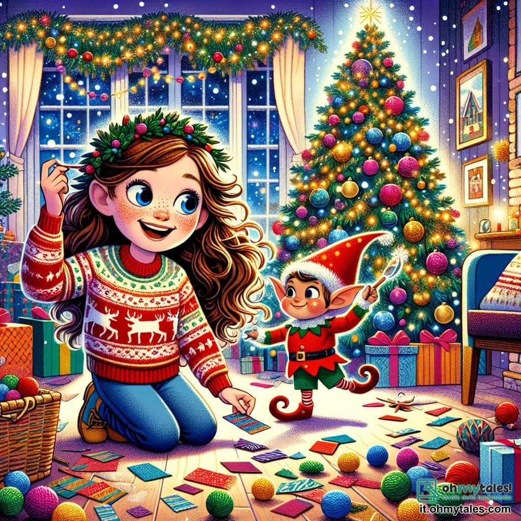 Una ragazza di 10 anni, Emma, con lunghi capelli castani ondulati e occhi brillanti di curiosità, sorride gioiosamente mentre raccoglie pezzi di carta da regalo colorata sparsi attorno a lei. Indossa un maglione rosso con un motivo di renna e un paio di jeans. Accanto a lei, un folletto burlone di nome Lutinello, con un piccolo cappello rosso a punta e orecchie a punta, fa una pirouette ridendo, i suoi occhi brillano di malizia. La scena si svolge in un soggiorno accogliente, decorato con un grande albero di Natale illuminato, con festoni scintillanti e palline colorate. Il pavimento è coperto di finti fiocchi di neve di cotone, creando un'atmosfera incantevole. Emma e Lutinello si danno da fare insieme per mettere ordine nel disordine festivo, ridendo e divertendosi mentre trasformano la stanza in un luogo magico, pronto a celebrare il Natale.