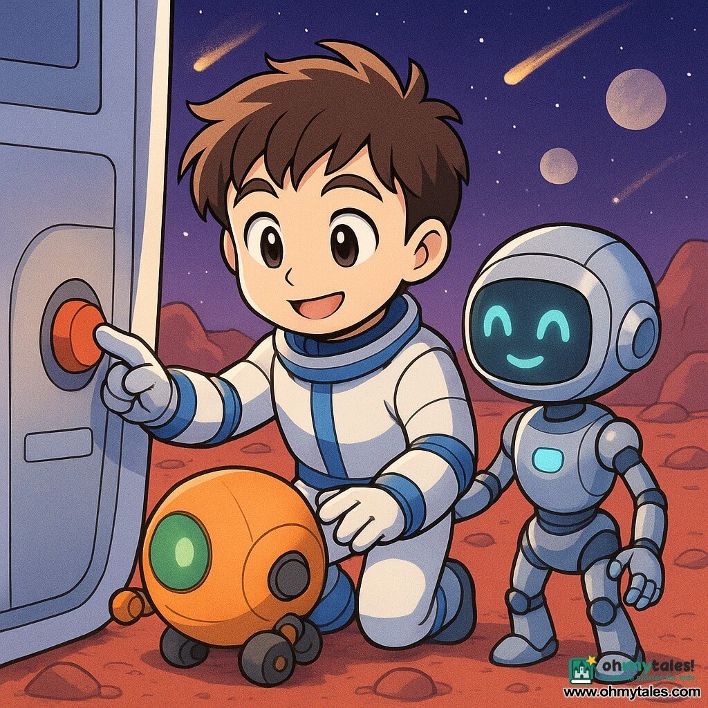A young man with a round face and tousled brown hair in a white spacesuit with blue stripes reaches to press a small red button while Nia, a silver companion robot with blue lights and a smiling face screen, stands beside him in the ship doorway with articulated arms ready to help; in front of the stuck ship door on the dusty red planet, Zibo, a small matte orange round robot with a glowing green porthole, sits on granular ground amid round rocks beneath a purple starry sky with bright comets and two pale moons, the scene lit by soft ship light showing caring gestures and expressions of relief and friendship.