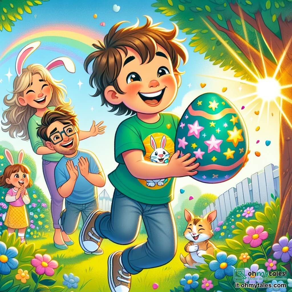 Un ragazzo di 6 anni, Leo, con capelli castani disordinati e un grande sorriso, indossa una maglietta verde con un coniglio e pantaloni blu. Sta saltando di gioia, tenendo in mano un bellissimo uovo di Pasqua colorato decorato con stelle e cuori. Accanto a lui, sua madre, una donna sulla trentina con capelli lunghi e biondi, lo osserva sorridendo orgogliosa, mentre suo padre, un uomo con occhiali e capelli castani, applaude entusiasta. Lo scenario è un giardino soleggiato, pieno di fiori colorati, grandi alberi verdi e un muro dipinto con un arcobaleno luminoso sullo sfondo. Leo è davanti a un grande albero, dove ha scoperto l'uovo speciale, circondato da fiori blu e un gattino che dorme pacificamente ai suoi piedi. La scena principale mostra Leo, raggiante di felicità, che celebra la sua scoperta di un uovo di Pasqua magico dopo aver risolto il mistero della caccia alle uova.