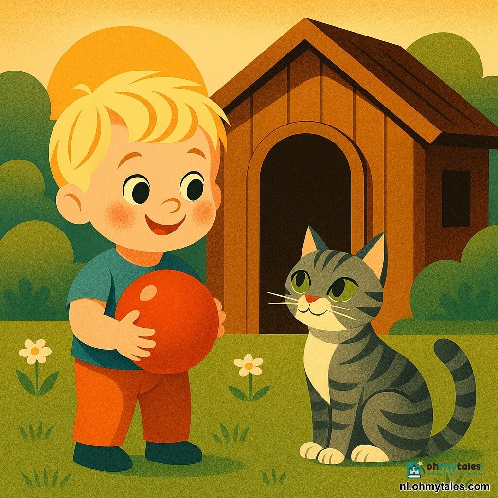 Een 2-jarig jongetje met rond gezicht en warrig blond haar, blije nieuwsgierige uitdrukking en grote ogen, houdt een glanzende rode bal tegen zijn borst; een poes genaamd Poes, grijs-witte gestreepte vacht en ondeugende groene ogen, zit bij de halfopen deur van een houten schuurtje en kijkt naar het jongetje alsof ze hem geholpen heeft; lichte tuin bij schemering met groen gras en kleine witte madeliefjes, ronde struiken en een bruin houten schuurtje met schaduw binnen; de scène toont het jongetje voor het schuurtje, de bal teruggevonden en de kat aan zijn zijde, warme zachte sfeer, verzadigde kleuren en eenvoudige geometrische vormen in art-decostijl.