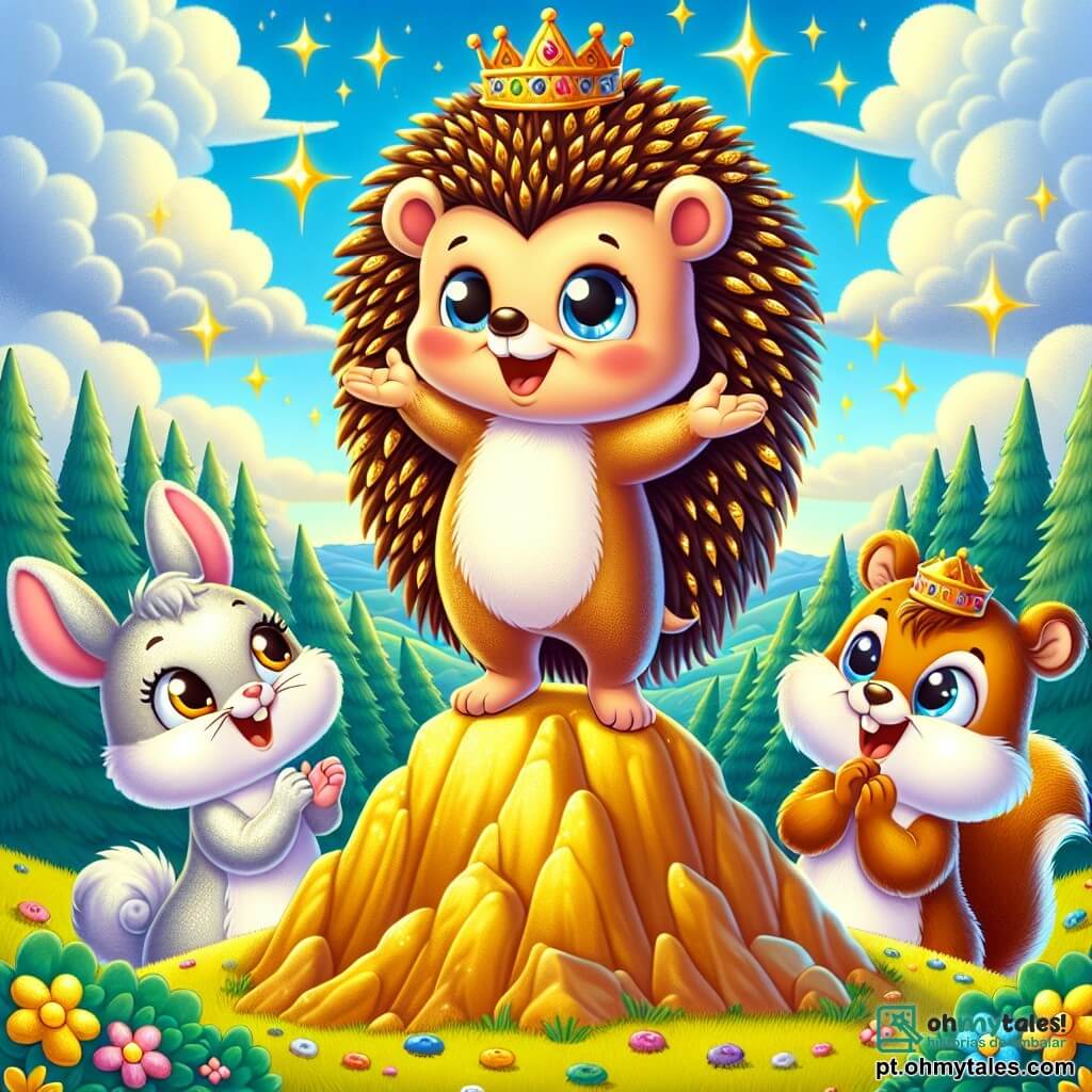 Um ouriço chamado Nino, com espinhos brilhantes como estrelas e um rosto sorridente, está no topo de uma montanha dourada, de braços abertos em sinal de alegria e realização. Ao seu lado, uma coelhinha chamada Lili, com grandes orelhas e pelagem macia, aplaude entusiasticamente, enquanto um esquilo travesso chamado Tito, com uma cauda fofa e olhos brilhantes, faz caretas para divertir Nino. Ao fundo, o céu é de um azul radiante, salpicado de nuvens fofas, e a paisagem está repleta de florestas verdes e flores coloridas que dançam ao vento. A cena representa Nino celebrando sua vitória após ajudar seus amigos animais, ilustrando o tema da generosidade e da amizade em um cenário encantador.