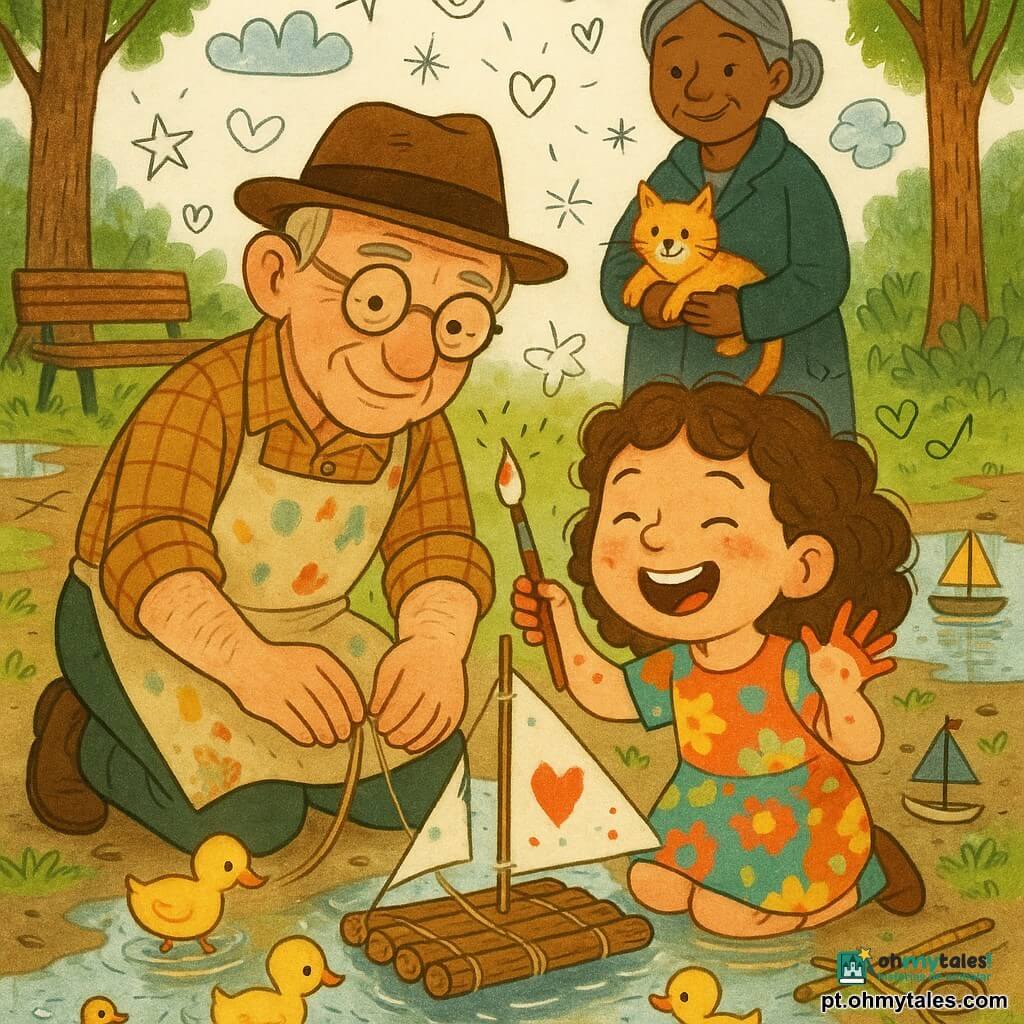 Tomás, homem sorridente e concentrado, de rosto enrugado, óculos redondos, chapéu marrom antigo, camisa xadrez e avental sujo de tinta, ajoelhado ajustando uma pequena jangada de madeira com cordas; Sofia, menina de ~6 anos, cabelos cacheados castanhos, vestido colorido, dedos pintados, ao lado segurando um pincel e pintando uma vela, rindo; Ana, vizinha de ~40 anos, cabelo grisalho preso, casaco simples, sorrindo e segurando um gato ruivo; dois patinhos amarelos próximos a uma jangada, um empurrando-a; no parque após a chuva, chão lamacento e brilhante, folhas verdes molhadas, poças refletindo, bancos e troncos, tábuas e cordas na relva; cena de construção coletiva e alegre de pequenas embarcações artesanais pintadas à mão, cores vivas, texturas de madeira, respingos de água e pequenos desenhos de estrelas realçando a magia.