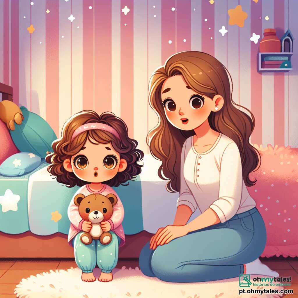 Uma menina de 4 anos, com grandes olhos brilhantes e cabelos cacheados castanhos, está sentada em sua cama, segurando sua doce boneca de pelúcia. Ela tem uma expressão de curiosidade misturada com um leve receio, com as sobrancelhas ligeiramente franzidas e a boca entreaberta. Ao lado dela, sua mãe, uma mulher na casa dos trinta anos com cabelos longos e lisos, sorri ternamente enquanto se agacha na altura dela, pronta para confortá-la. A cena ocorre em um quarto acolhedor, decorado com paredes em tons pastel, estrelas brilhantes coladas ao teto e um tapete macio no chão. Uma suave luz noturna ilumina o ambiente, criando uma atmosfera tranquilizadora. A menina ouve atentamente um barulho misterioso vindo do armário, seu coração batendo um pouco mais rápido, enquanto sua mãe fala suavemente para acalmá-la, explicando que é apenas a casa fazendo barulhos.