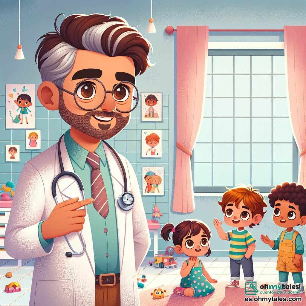 El personaje principal es el Doctor Javier, un hombre de unos cuarenta años, con cabello castaño ligeramente canoso, gafas redondas y una sonrisa cálida. Lleva una bata blanca impecable y sostiene un estetoscopio en sus manos, mirando con benevolencia a un grupo de niños. Entre los niños está Marco, un chico de 8 años con cabello castaño y ojos brillantes, que escucha atentamente al Doctor Javier con una gran sonrisa. A su lado, Lina, una niña de 7 años con dos coletas y un vestido colorido, levanta la mano con curiosidad para hacer una pregunta. La escena se desarrolla en el luminoso y acogedor consultorio del Doctor Javier, decorado con dibujos infantiles en las paredes, juguetes coloridos esparcidos por el suelo y una gran ventana que deja entrar la luz del sol. La situación principal muestra al Doctor Javier explicando a los niños la importancia de la salud, mientras ellos escuchan fascinados, cautivados por sus historias y demostraciones.