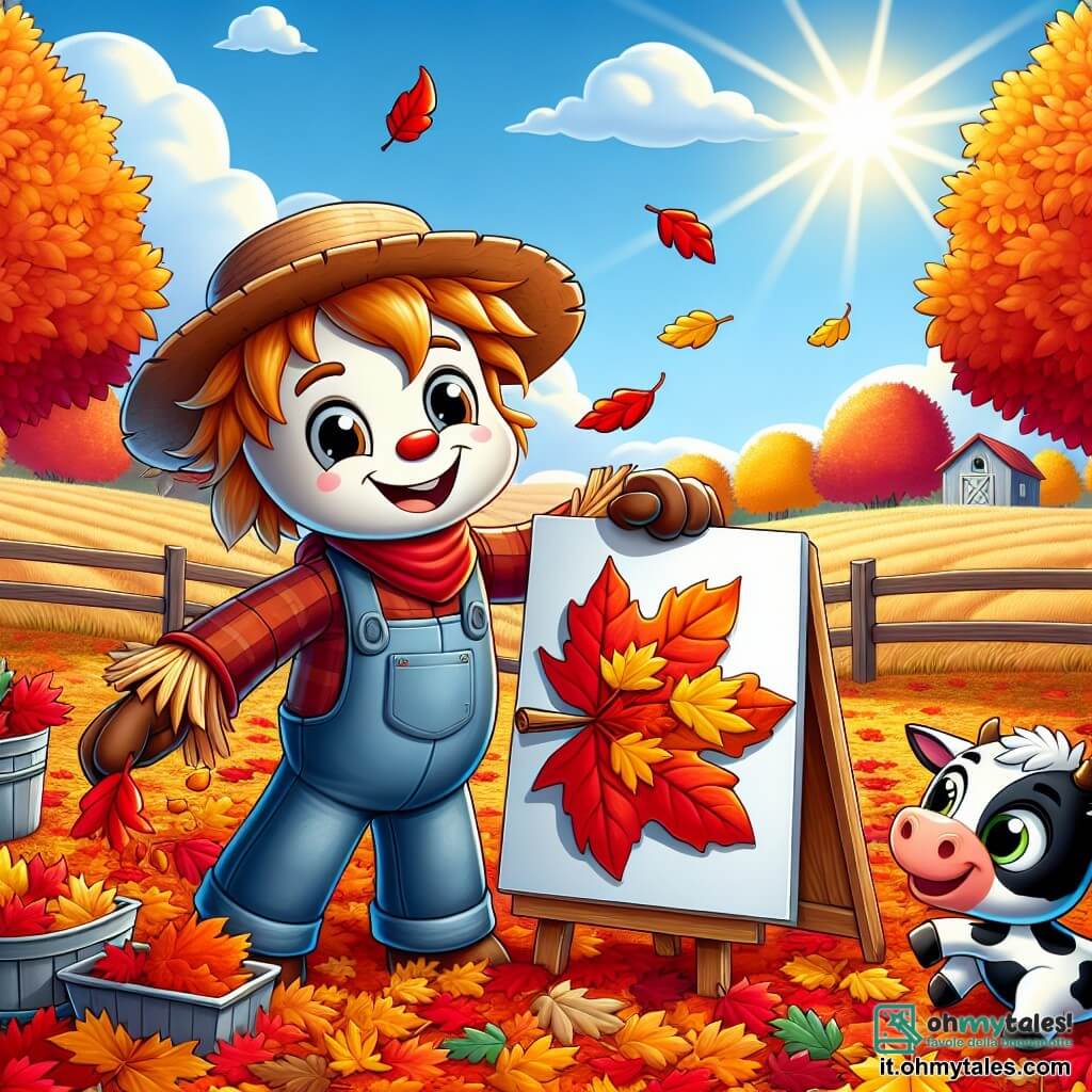 Uno spaventapasseri felice, con un cappello di paglia e un sorriso luminoso, si trova al centro di un campo autunnale, circondato da foglie colorate di rosso, arancione e giallo. I suoi bracci di legno sono aperti, come se accogliesse la bellezza della stagione, mentre dispone le foglie per creare un'opera d'arte su un grande pezzo di tela. Alla sua destra, una mucca dolce e curiosa, con pelliccia bianca e nera, osserva con meraviglia, i suoi grandi occhi brillanti di gioia. Si trova vicino a un mucchio di foglie, pronta ad aiutare il suo amico. A sinistra, un gatto dispettoso, con pelo rosso e occhi verdi scintillanti, gioca con una foglia caduta, ridendo e saltellando intorno allo spaventapasseri. Il luogo è un vasto campo soleggiato, punteggiato da grandi alberi con foglie vivaci, sotto un cielo blu chiaro costellato di nuvole bianche e soffici. In lontananza, si intravede una piccola fattoria con zucche e mele, aggiungendo all'atmosfera accogliente dell'autunno. La scena principale mostra lo spaventapasseri mentre crea una magnifica opera d'arte con foglie autunnali, mentre i suoi amici lo incoraggiano e partecipano alla raccolta delle foglie più belle, celebrando insieme la magia della stagione.