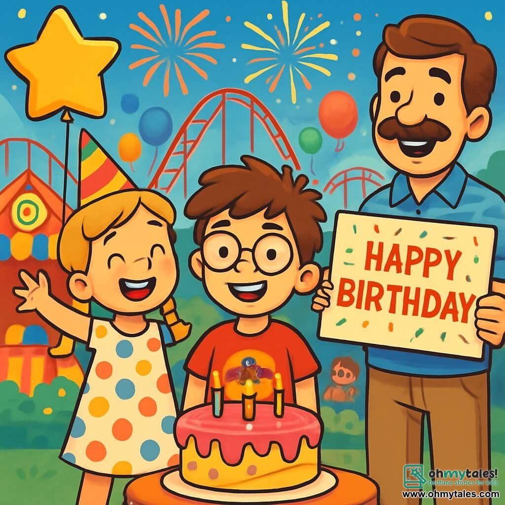 There are 3 characters: Tommy, a 10-year-old boy with messy brown hair and round glasses, wearing a red superhero t-shirt and blue shorts, standing in the center smiling with a large birthday cake in front of him; Lucy, a 10-year-old girl with braided blonde hair and a colorful party hat, wearing a multicolored polka dot dress and holding a star-shaped balloon, standing to the left of Tommy with her arms raised in joy; and Mr. Grizzle, an adult man with a bushy mustache and a warm smile, wearing a striped shirt and beige pants, standing to the right of Tommy holding a large "Happy Birthday" sign decorated with confetti. The scene takes place in Grand Adventure Park, a vibrant and colorful amusement park with roller coasters winding through a blue sky, bright candy stands, and festive decorations of balloons and garlands. In the background, children are laughing and playing around sparkling rides. The main situation shows Tommy, Lucy, and Mr. Grizzle celebrating Tommy's birthday, surrounded by laughter and joy, with dazzling fireworks lighting up the sky above them, creating a magical and festive atmosphere.