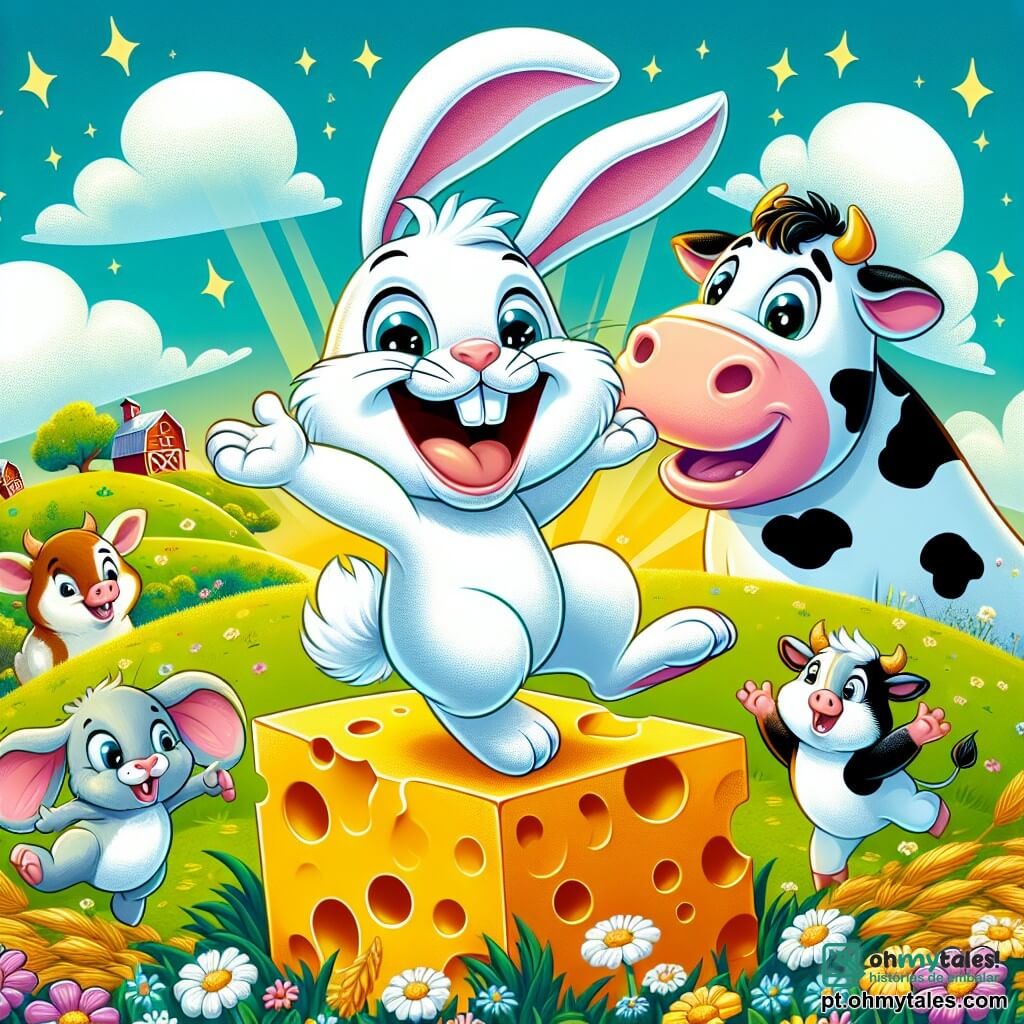 Um coelhinho travesso chamado Pipoca, com pelagem branca e grandes orelhas, salta alegremente no centro da imagem, exibindo um grande sorriso e olhos brilhantes de travessura. À sua direita, uma vaquinha chamada Mel, com manchas pretas e brancas, está em pé sobre as patas traseiras, rindo e balançando o rabo, enquanto à sua esquerda, um leitão chamado Pipo, rosa e gordinho, se esconde atrás de um monte de feno, com uma expressão curiosa e divertida. Ao fundo, uma bela fazenda colorida se destaca, cercada por campos verdes, flores vibrantes e um céu azul salpicado de nuvens fofas. A cena retrata Pipoca e seus amigos dançando alegremente ao redor de um enorme pedaço de queijo, celebrando sua amizade e a festa que organizaram juntos.