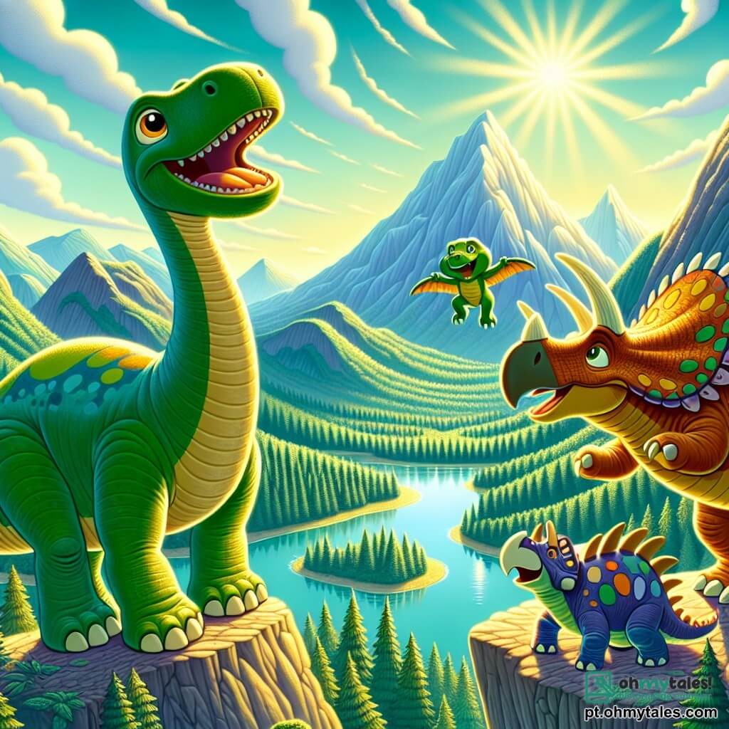 Um diplodoco alegre, chamado Dino, está no topo de uma montanha, com um longo pescoço esguio e uma pele verde brilhante, seus grandes olhos brilhando de curiosidade. Ele sorri amplamente, observando a bela paisagem abaixo. Ao seu lado, um tricerátopo chamado Tico, com chifres pontudos e pele marrom, salta de alegria, suas pequenas patas dianteiras levantadas no ar. Um estegossauro chamado Estela, com placas coloridas nas costas e uma expressão divertida, está um pouco mais atrás, admirando a vista. O local é uma montanha majestosa, cercada por florestas exuberantes e um lago cintilante abaixo, onde os raios de sol criam reflexos dourados na água. A cena principal mostra Dino, Tico e Estela juntos, descobrindo a beleza da paisagem e compartilhando um momento de felicidade e amizade, prontos para novas aventuras.