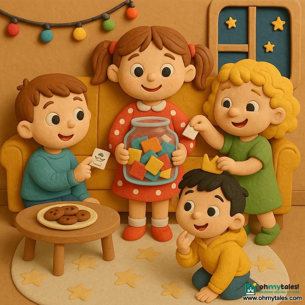 Four children: Mia, 6, light brown pigtails, red polka-dot dress, holding a large clear jar of colorful papers at center; Sam, 6, short brown hair, sky-blue sweater, seated left, pointing to a small paper with a snowman; Lily, 5, curly blonde hair, green dress, right of Mia, slipping a folded note into the jar while smiling; Ben, 6, black hair, yellow hoodie, crouched on the rug holding a small sparkling crown. Cozy living room with a cream star-patterned rug, mustard fabric sofa, colorful fairy lights, a small light-wood coffee table with chocolate cookies and a window showing a starry night. The children gather around the jar filling it with drawings and wish notes, laughing amid soft garland light, festive New Year atmosphere, bright contrasting colors and smooth, rounded playdough-like textures.