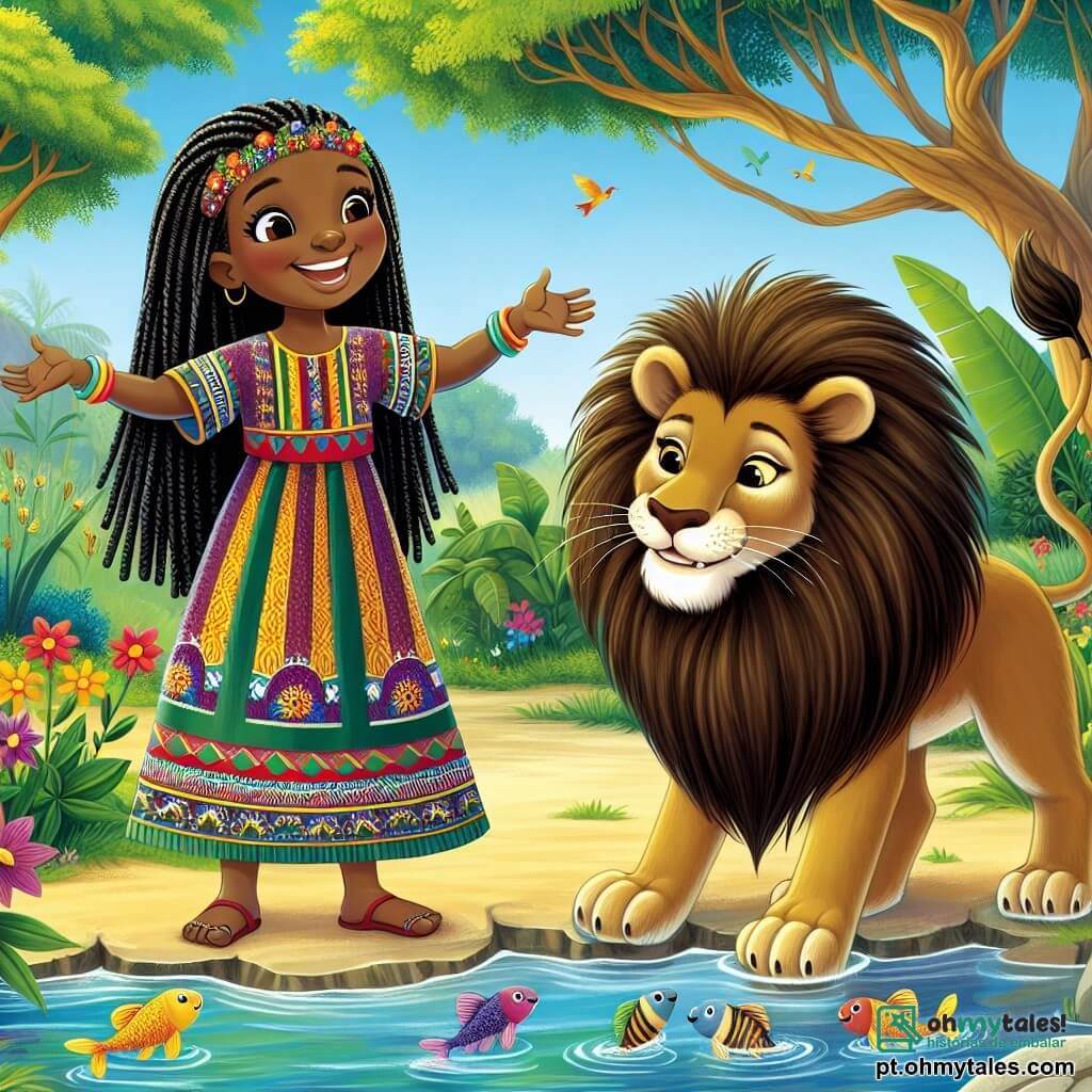 Amina é uma mulher africana na casa dos trinta anos, com longos cabelos negros trançados e um sorriso caloroso. Ela usa um vestido colorido com padrões africanos e está em pé à beira de um riacho, com os braços abertos, demonstrando determinação e alegria, pronta para ajudar seu amigo, o leão. O leão, um majestoso animal com olhos brilhantes e uma juba dourada, está ao lado de Amina, olhando a água com curiosidade. Ele parece um pouco triste, mas seu semblante muda para um sorriso amigável ao se voltar para Amina. O cenário é uma bela floresta tropical, com árvores majestosas e flores coloridas ao redor. O riacho brilha sob o sol, e pássaros coloridos voam no céu azul. A cena principal mostra Amina e o leão procurando peixes no riacho. Amina aponta para a água, animada com sua descoberta, enquanto o leão se prepara para mergulhar e pegar um peixe, simbolizando sua amizade e colaboração.