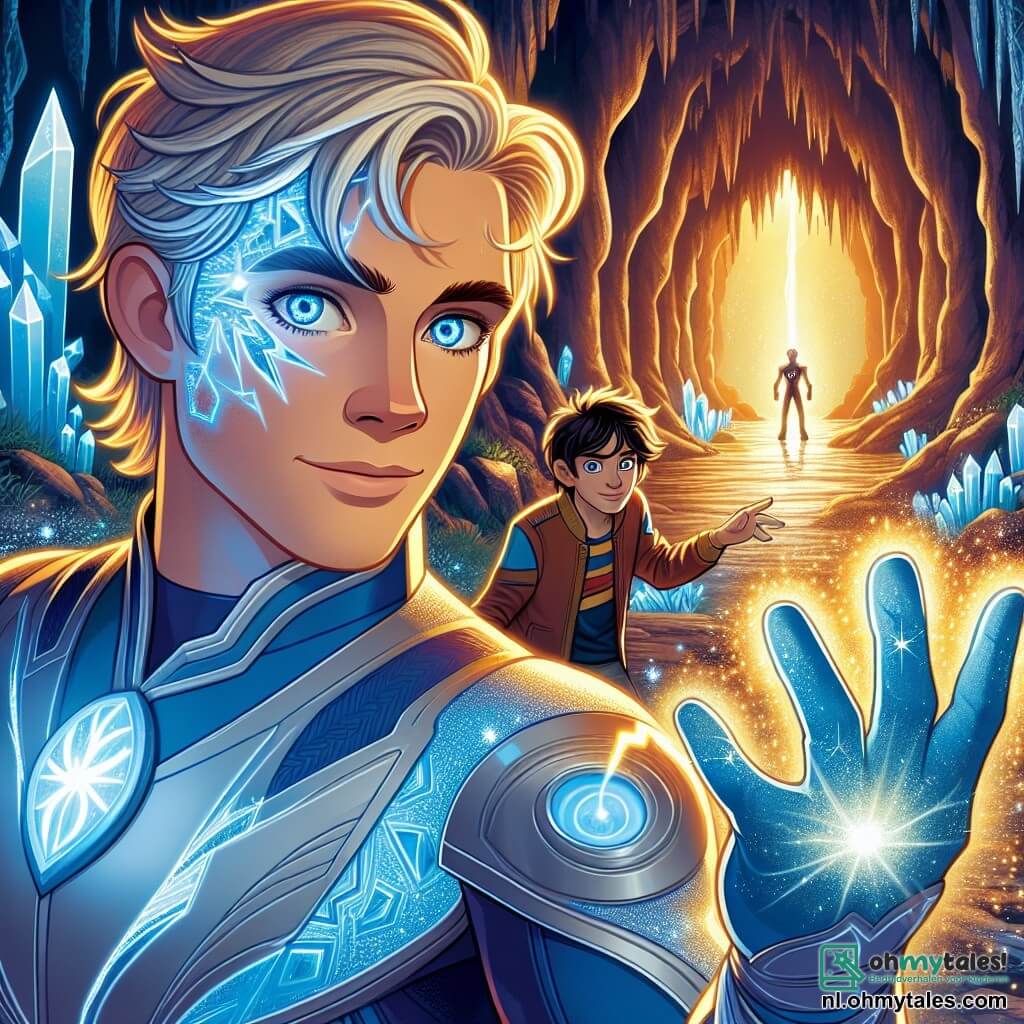 Blitzstorm, een superheld met rommelig blond haar en stralend blauwe ogen, staat in het midden van de scène met een intense vastberadenheid op zijn gezicht. Hij draagt een futuristisch blauw en zilver kostuum, versierd met lichtgevende patronen, en strekt zijn hand uit naar een schitterende kristallijne energiebron die zijn gezicht in een gouden gloed hult. Naast hem staat Astra, een meisje van ongeveer 12 jaar met lang zilver haar, die haar krachten gebruikt om fonkelende sterren om hen heen te creëren. Ze kijkt Blitzstorm met bewondering aan, klaar om hem te helpen in deze zoektocht. Op de achtergrond knielt Shadowstrike, een man met een somber en mysterieus gezicht, zwart haar en doordringende ogen, terwijl hij tegen zijn innerlijke demonen vecht, omringd door een stralend licht dat zijn strijd tussen licht en duisternis symboliseert. De scène speelt zich af in een majestueuze grot in het hart van de Ruige Bergen, met muren die schitteren van kristallen en dansende schaduwen die door het licht van de energiebron worden gecreëerd. De belangrijkste situatie toont Blitzstorm die zijn hand naar de energiebron uitstrekt, klaar om zijn kracht te ontketenen om zijn vriend Shadowstrike te redden, terwijl Astra met haar sterren de weg verlicht en hoop brengt in deze strijd tegen de duisternis.