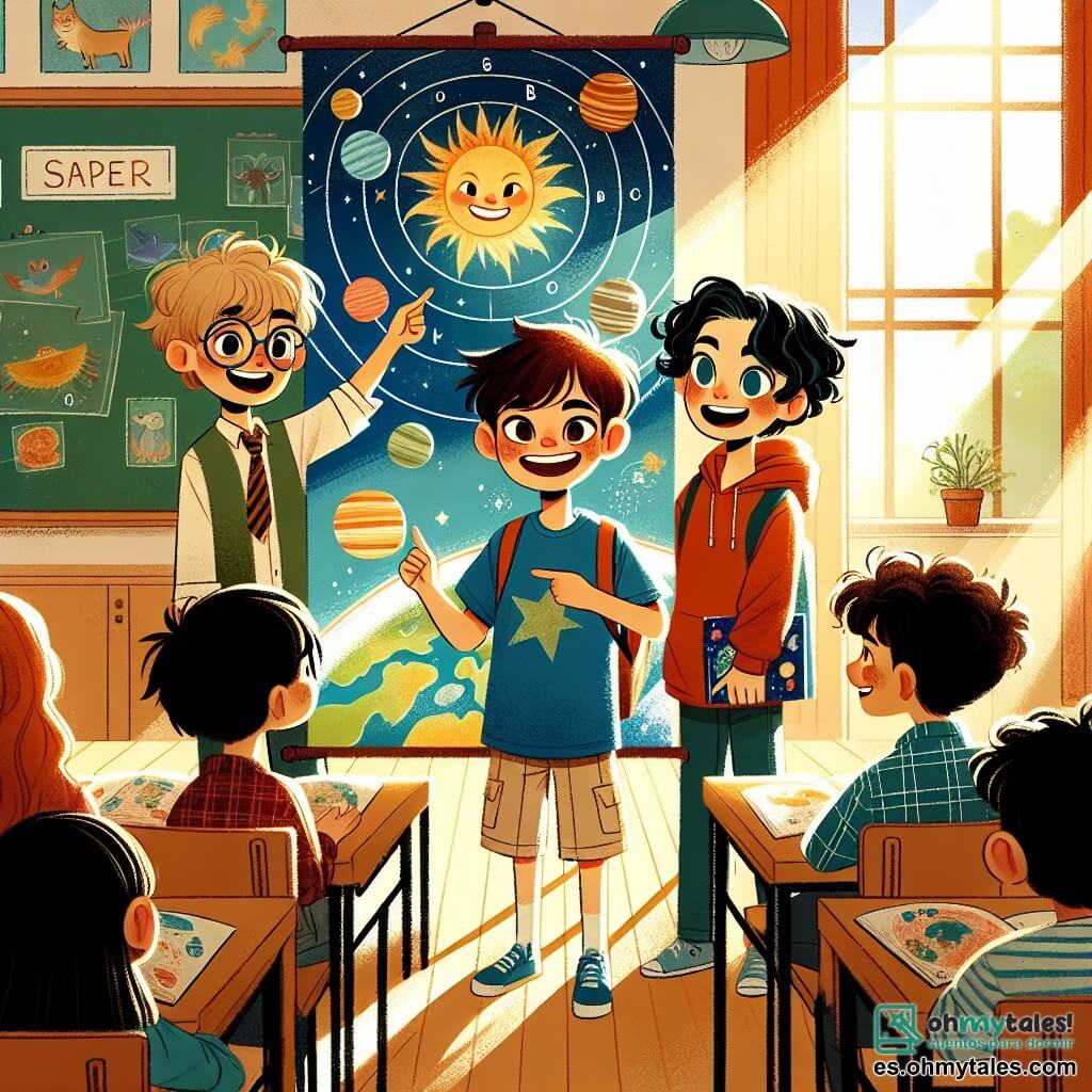 Un niño de 9 años, Lucas, con cabello castaño y gafas redondas, sonríe con entusiasmo mientras sostiene un gran cartel colorido sobre el sistema solar. Lleva una camiseta azul y un pantalón corto beige, y su mirada brillante muestra su emoción por el regreso a clases. A su lado, su amigo Mateo, también de 9 años, tiene el cabello negro desordenado y lleva una sudadera roja. Está señalando una ilustración de un planeta en el cartel, mostrando una gran sonrisa. Camila, una niña de 9 años con cabello largo y rizado, está un poco apartada, sosteniendo un libro sobre astronomía y mirando a los chicos con admiración. La escena se desarrolla en un aula iluminada, con paredes decoradas con dibujos de animales y planetas. Ventanas dejan entrar la luz del sol, iluminando los escritorios de madera donde otros alumnos están sentados, escuchando atentamente. La situación principal muestra a Lucas, Mateo y Camila presentando su proyecto sobre el sistema solar frente a sus compañeros de clase, llenos de energía y curiosidad, mientras comparten sus descubrimientos con orgullo y entusiasmo.