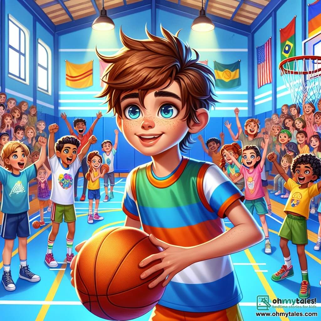 An 11-year-old boy named Oliver stands in the center of a bright gymnasium, with blue-painted walls and basketball hoops hanging from the ceiling. He has messy brown hair and determined sparkling eyes. His face shows great pride as he dribbles a basketball, surrounded by classmates cheering him on. Next to him, Mia, an 11-year-old girl with long braided hair, smiles enthusiastically, raising her arms in support. She wears a colorful t-shirt and sports shorts, ready to play. A group of children of different ages, boys and girls, stands behind them, all dressed in sportswear, displaying joyful and excited expressions. The gym is filled with spectators, with parents and students sitting on benches, applauding and encouraging the players. Colorful banners decorate the walls, carrying messages about equality and inclusivity. The scene represents the moment when Oliver and Mia organize the "Maplewood Unity Game," a celebration of sports where all children, regardless of gender, play together, united by the spirit of teamwork and camaraderie.