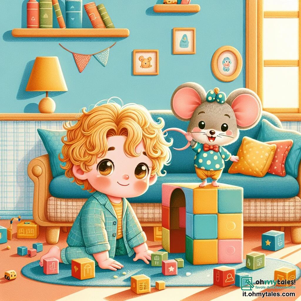 Pippo, un bambino di un anno con grandi occhi curiosi e capelli ricci dorati, è seduto su un tappeto colorato, circondato da blocchi da costruzione. Accanto a lui, un piccolo topo, un personaggio divertente con un cappello a pois e un sorriso malizioso, è in piedi su una scatola di peluche, pronto a giocare. L'ambiente è una camera accogliente, con pareti dipinte di blu pastello, scaffali pieni di libri di storie e peluche sparsi. Una dolce luce filtra da una finestra, creando un'atmosfera calda e accogliente. La scena principale mostra Pippo e il piccolo topo che giocano a nascondino, con Pippo nascosto dietro un divano, le sue ricce ciocche che spuntano, mentre il topo, con un'aria birichina, cerca ovunque facendo finta di non trovarlo.