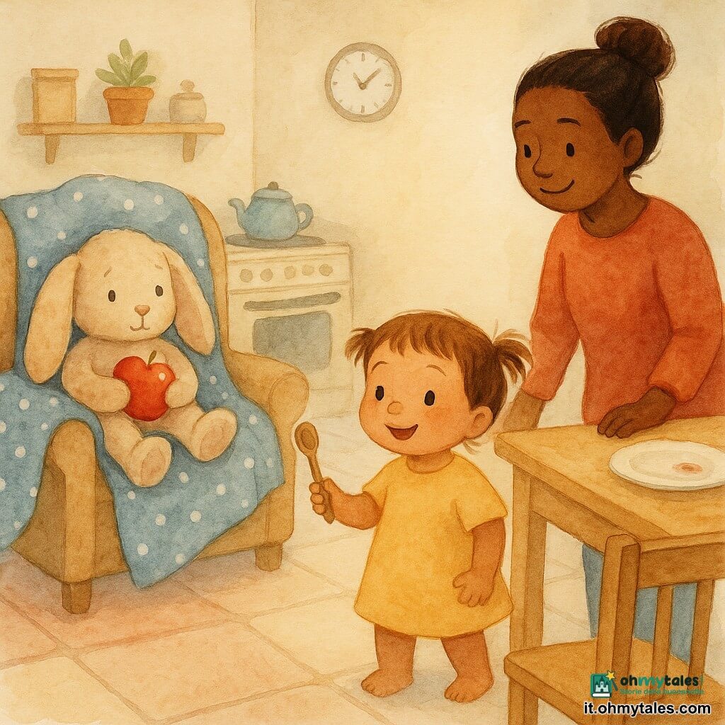 Bambina di 2 anni, volto rotondo, capelli castano chiaro in due codine, occhi grandi e curiosi, espressione determinata e gioiosa, tiene un piccolo cucchiaio-lente di legno e guarda verso una poltrona; la mamma, circa 30 anni, capelli castani raccolti in uno chignon, sorriso dolce, in piedi vicino al tavolo con la mano sul bordo e lo sguardo benevolo verso la bambina; un grande coniglio di peluche beige, pelo soffice e orecchie cadenti, tiene una mela rossa tra le zampe ed è parzialmente nascosto sotto una coperta sulla poltrona; cucina calda e luminosa con pareti crema, tavolo in legno chiaro con un piatto vuoto e una macchia di succo rosso, sedia in legno, piccolo divano con coperta blu a pois bianchi e pavimento piastrellato pastello; momento principale: la bambina scopre il coniglio che nasconde la mela, composizione centrata sulla bambina e sulla poltrona, colori tenui e atmosfera tenera e curiosa, texture acquerello.