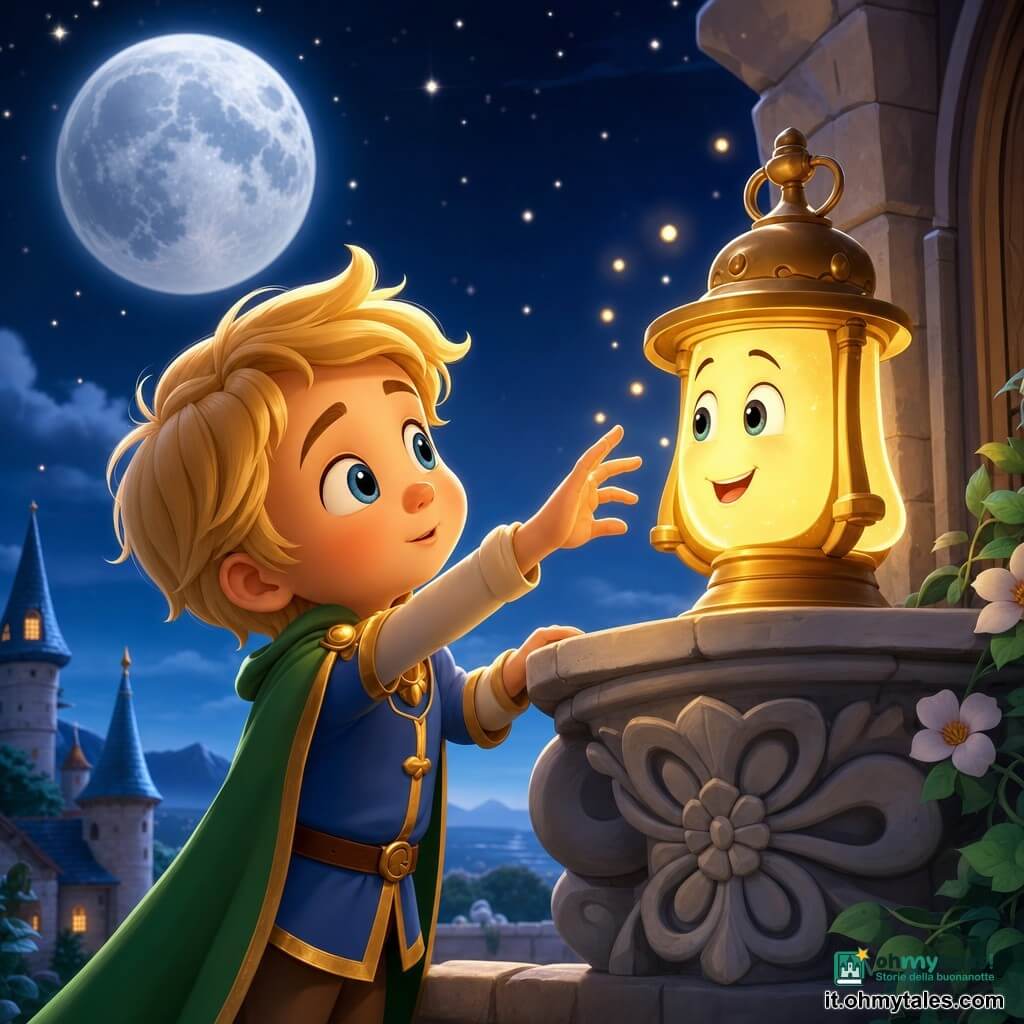 Un piccolo principe di nome Elio, bimbo dal viso rotondo, capelli biondi a ciocche morbide, grandi occhi curiosi e sguardo tenero e deciso; veste una tunica blu bordata d'oro e una corta mantellina verde, tende la mano verso una lanterna dorata sorridente posta sul davanzale. La lanterna, personaggio non umano, emana luce calda color miele e piccole particelle luminose che fluttuano intorno; è all'altezza delle mani di Elio. La scena si svolge su un largo davanzale in pietra scolpita con motivi floreali, sullo sfondo un cielo notturno profondo con una grande luna argentata bassa e stelle come piccole perle. Atmosfera calma e magica: luce soffusa, ombre morbide, colori pastello saturi, texture lisce e leggermente lucide; composizione centrata sull'incontro tenero tra Elio e la lanterna, tono caldo e rassicurante.