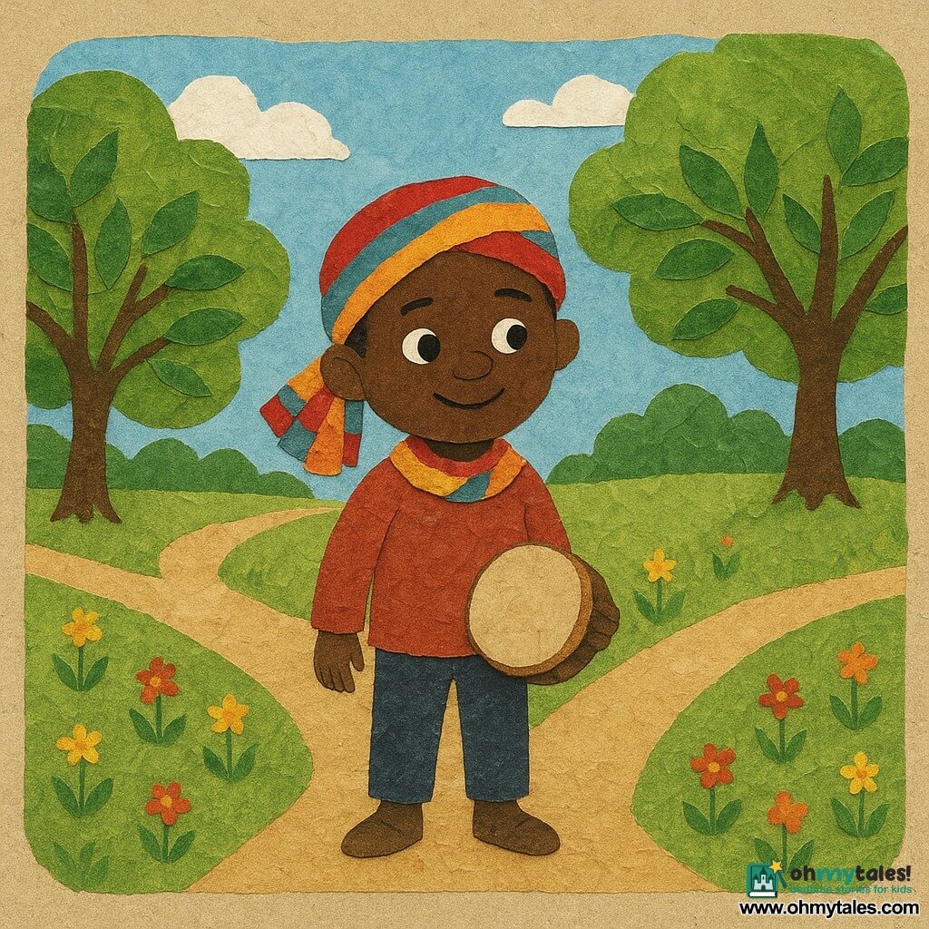 A young man named Kofi, with a curious smile and sparkling eyes, wears a colorful scarf and holds a small ancient drum. He stands at the intersection of three paths, ready to embark on an adventure. Around him, mango trees with bright green leaves form a natural crown. The ground is dotted with yellow and red wildflowers. The sky is a brilliant blue with a few fluffy white clouds gently floating by. The morning light bathes the scene in a soft golden glow, creating a warm and welcoming atmosphere.