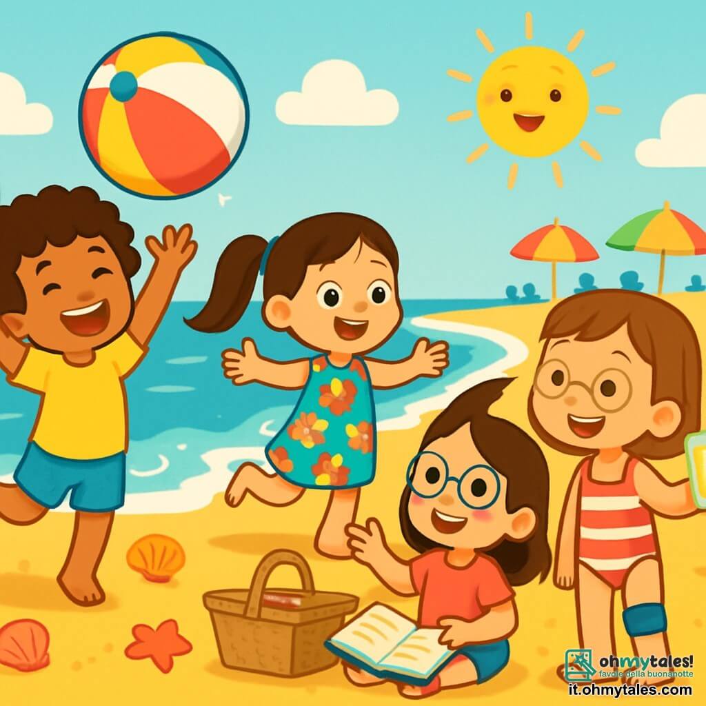 Ci sono 4 bambini: - Alice: una ragazza di 5 anni con capelli ricci e un grande sorriso. Indossa una maglietta gialla e un pantaloncino blu. Sta lanciando una palla da spiaggia in aria, piena di energia. - Sofia: una ragazza di 5 anni con capelli lisci e lunghi, raccolti in due codini. Indossa un vestito a fiori colorati. Corre verso le onde, con le braccia aperte e uno sguardo meravigliato. - Chiara: una ragazza di 5 anni con capelli castani e occhiali rotondi. Indossa una maglietta rosa e un pantaloncino di jeans. È seduta sulla sabbia, circondata da un cesto da picnic, mentre racconta una storia alle sue amiche. - Marta: una ragazza di 5 anni con capelli castani e un piccolo tutore alla gamba. Indossa un costume da bagno a righe. È in piedi vicino a Chiara, sorridente, mentre tiene un bicchiere di succo di frutta. Il luogo è una spiaggia soleggiata, con sabbia dorata che scintilla al sole. Le onde del mare sono di un blu brillante e conchiglie colorate sono sparse sulla riva. Sullo sfondo, ombrelloni colorati sono piantati nella sabbia e famiglie si divertono, creando un'atmosfera gioiosa e estiva. La scena principale mostra le quattro amiche che giocano insieme sulla spiaggia. Alice lancia la palla, mentre Sofia corre verso l'acqua, Chiara racconta una storia divertente e Marta, piena di gioia, alza il bicchiere per brindare con le sue amiche. L'atmosfera è piena di risate e felicità, catturando lo spirito delle vacanze estive.