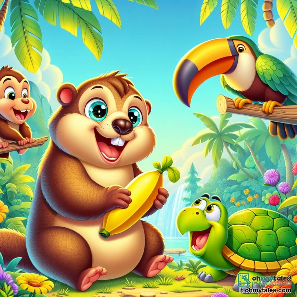 Martino, la marmotta, è al centro dell'immagine, con un pelo marrone morbido e occhi scintillanti di curiosità. Ha un ampio sorriso gioioso e tiene una grande banana gialla tra le piccole zampe. Accanto a lui, Tina, la tartaruga, è una tartaruga verde con un guscio lucido, che guarda la banana con meraviglia, mentre si regge lentamente sulle zampe posteriori. Bruno, la scimmia, è appeso a una liana sopra di loro, con un pelo marrone chiaro e un'aria maliziosa, pronto a saltare per prendere un pezzo di banana. Tino, il tucano, è posato su un ramo, con il suo grande becco colorato e piume vivaci, ridendo della situazione. Lo sfondo è una giungla lussureggiante, piena di fogliame verde brillante, fiori colorati e alberi maestosi, con un cielo blu chiaro sullo sfondo. La scena mostra Martino e i suoi amici che condividono gioiosamente la banana sotto una grande palma, circondati da risate e buon umore.
