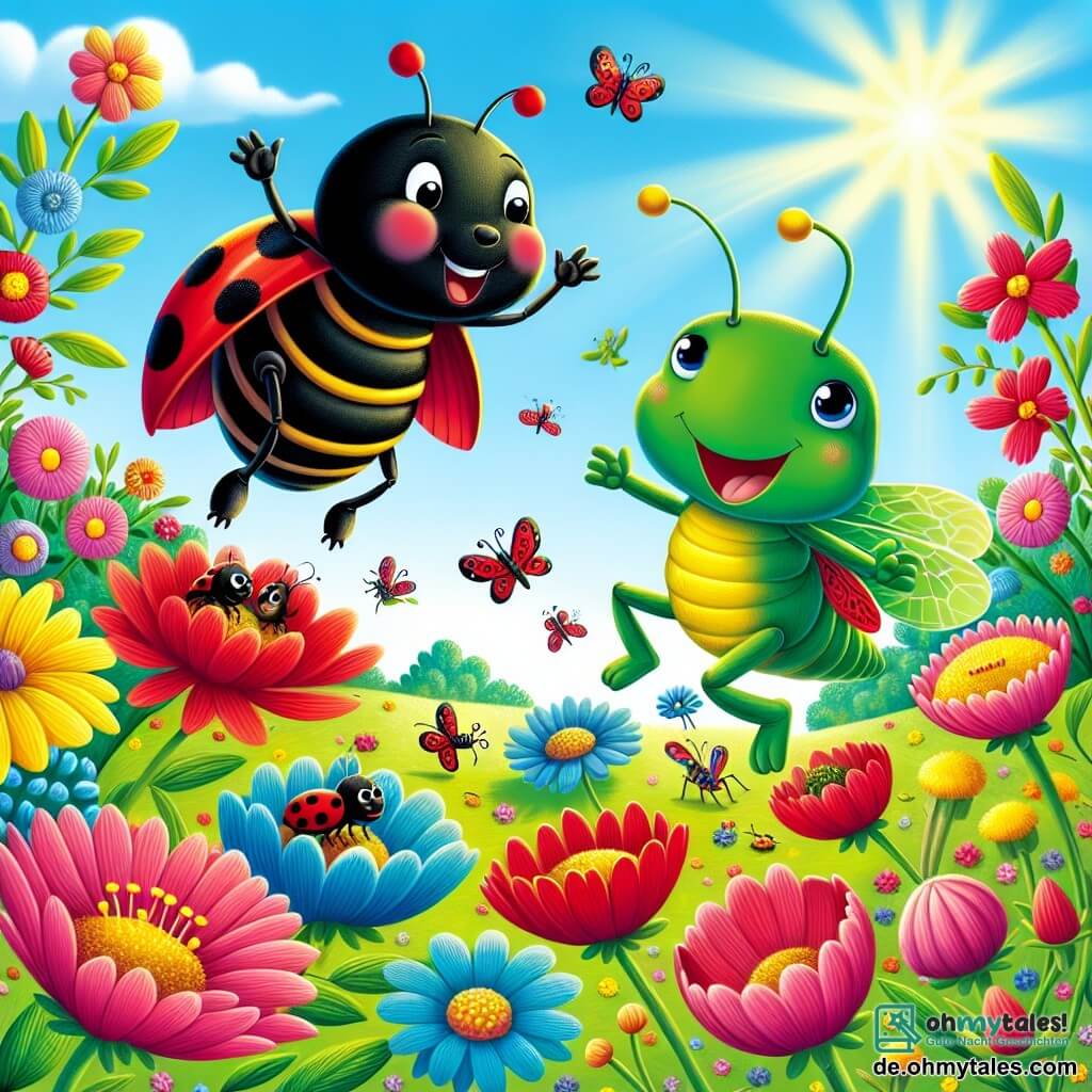 Ein kleiner Marienkäfer namens Max mit roten Flügeln und schwarzen Punkten lächelt fröhlich, während er über einen bunten Garten fliegt, umgeben von leuchtenden Blumen in allen Farben. Er tanzt in der Luft, seine kleinen Beine schlagen fröhlich. Neben ihm springt eine Grille namens Gina mit ihrem leuchtend grünen Körper und großen Antennen begeistert auf einer gelben Blume, ihre Augen strahlen vor Glück. Sie ermutigt ihn, indem sie ihre Vorderbeine schwenkt, voller Energie. Der Garten ist ein wahres Frühlingsbild mit rosa, blauen und gelben Blumen, die unter einem hellblauen Himmel blühen, während Sonnenstrahlen alles erleuchten und eine fröhliche, lebendige Atmosphäre schaffen. Die Hauptsituation zeigt Max und Gina, die den Frühling feiern, indem sie zusammen spielen, umgeben von Blumen und freundlichen Insekten, während sie kleinen Ameisen helfen, Krümel zu sammeln, was Freundschaft und die Freude der Saison symbolisiert.