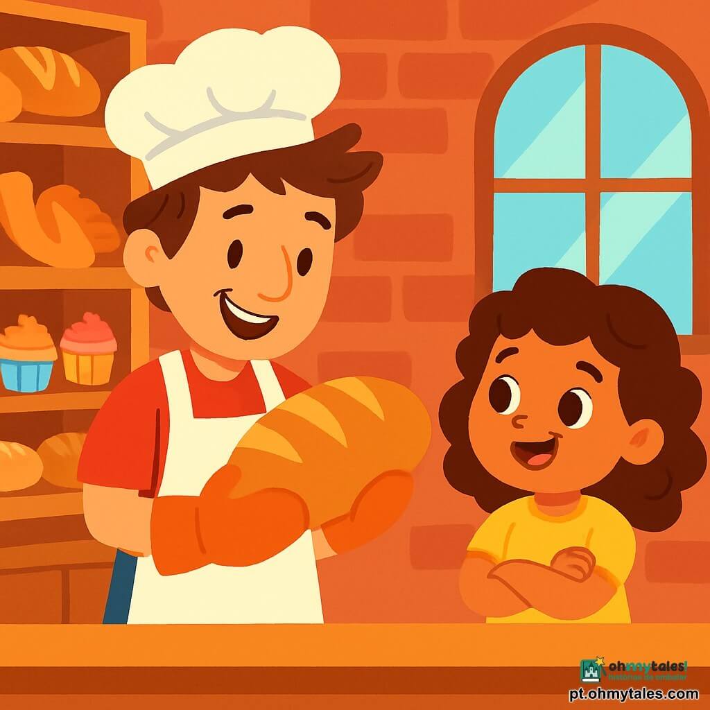 Um homem, Hugo, é um padeiro sorridente com cabelos castanhos bagunçados e um grande sorriso caloroso. Ele usa um avental branco e luvas de cozinha, segurando um pão dourado nas mãos. Ao lado dele, uma menina, Maria, de 6 anos, com cabelos cacheados e olhos brilhantes, o observa com admiração, de braços cruzados, ansiosa para provar o pão. A cena acontece em uma charmosa padaria, com paredes de tijolos vermelhos, prateleiras de madeira cheias de pães e doces coloridos, e uma janela que deixa entrar a luz da manhã. O ar está repleto de um delicioso aroma de pão quente. Hugo tira um pão do forno, com um olhar alegre e orgulhoso, enquanto Maria, com os olhos brilhando de curiosidade, aguarda ansiosamente o momento de degustar o pão recém-assado.