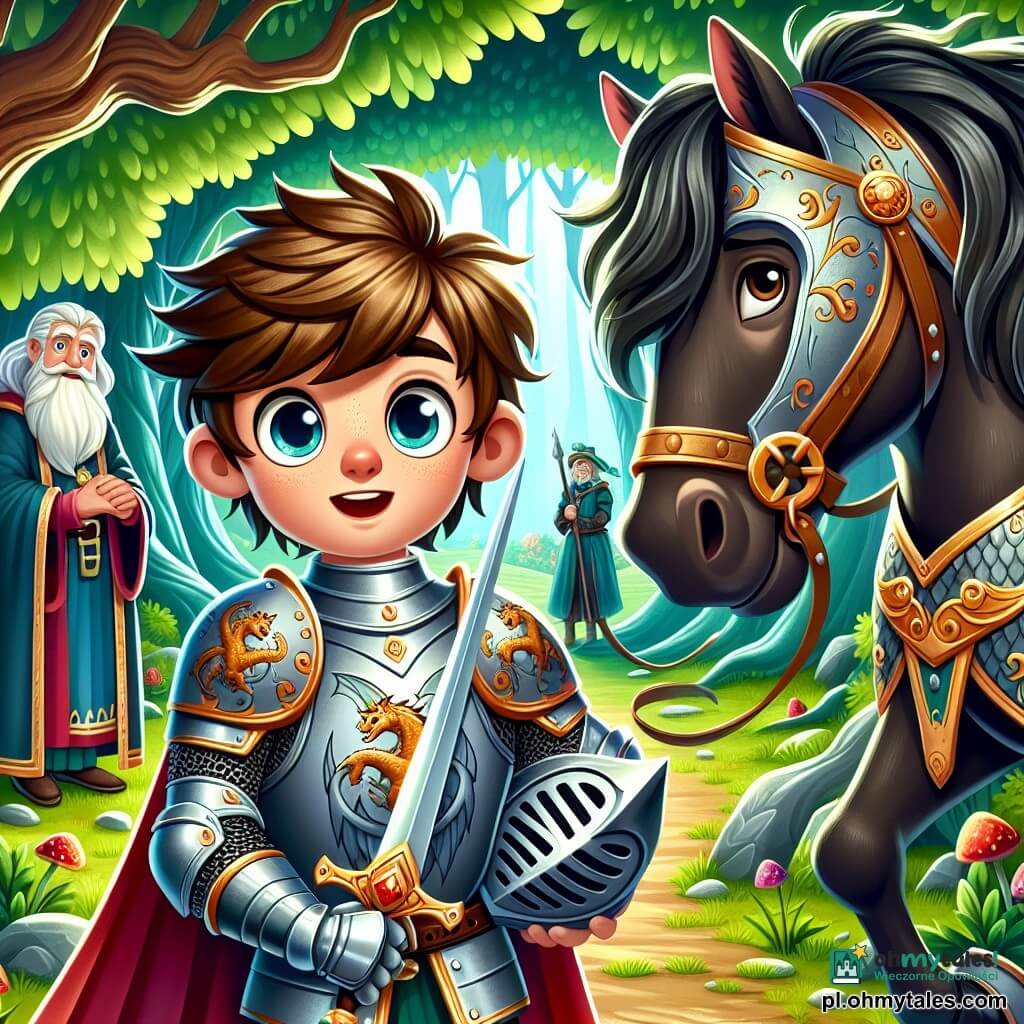 Młody rycerz o imieniu Eryk, mający około 12 lat, odważnie stoi w centrum obrazu. Nosi błyszcząca zbroję ozdobioną motywami smoków, z hełmem lekko pochylonym na czole, odsłaniającym jego rozczochrane kasztanowe włosy. Jego twarz wyraża determinację i ekscytację, a oczy błyszczą ciekawością. Mocno trzyma błyszczący miecz, gotowy stawić czoła nieznanemu. Obok niego stoi jego wierny koń, duży czarny koń o imieniu Run, z jedwabiście gładką grzywą, dumnie postawiony, jakby dzielił entuzjazm swojego pana. W tle widać starego mędrca, mężczyznę w wieku około 60 lat, z długą białą brodą i mądrym spojrzeniem, który obserwuje scenę z życzliwym uśmiechem, trzymając w rękach starą mapę. Tło to zaczarowany las, z majestatycznymi drzewami o grubych pniach i jaskrawozielonymi liśćmi, podczas gdy promienie słońca przebijają się przez liście, oświetlając ziemię usianą kolorowymi kwiatami. Główna sytuacja pokazuje Eryka przygotowującego się do wejścia do tajemniczej jaskini, gdzie cienie tańczą na ścianach, przywołując dawne opowieści o ukrytych skarbach i legendarnych smokach. Atmosfera jest zarówno magiczna, jak i pełna obietnic przygód.