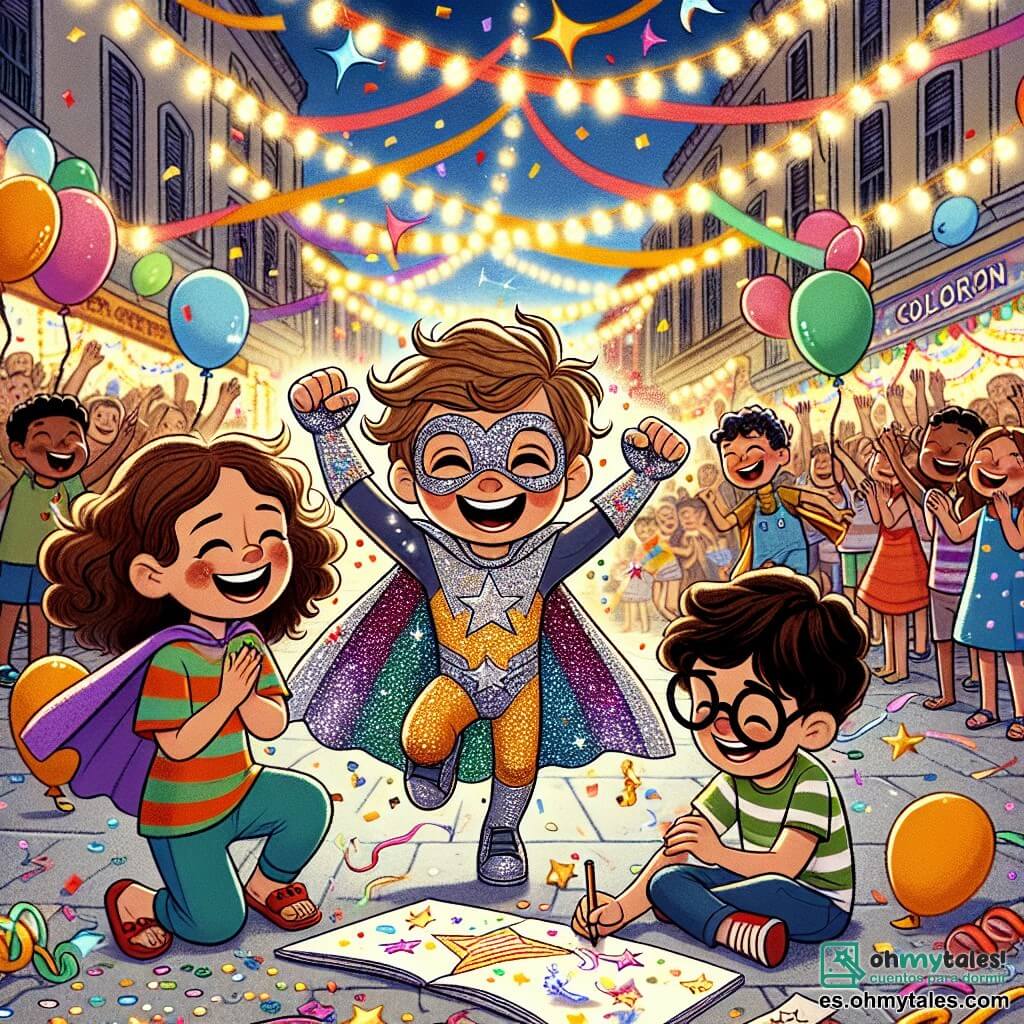 Un niño de 10 años, Lucas, con cabello castaño desordenado y una gran sonrisa, lleva un disfraz de superhéroe con una capa brillante adornada con estrellas de colores. Salta de alegría, con los brazos levantados, rodeado de confeti colorido que flota en el aire. A su lado, Sofía, una niña de 9 años con cabello largo y rizado, lleva un vestido colorido y sostiene purpurina en sus manos, lista para lanzarla al aire. Tomás, un niño de 10 años con gafas y una camiseta a rayas, está dibujando estrellas en un gran cartón, sentado en el suelo, mirando a Lucas con admiración. La escena ocurre en una calle animada de la ciudad de Colorín, decorada con serpentinas brillantes, globos de colores y luces festivas que iluminan la alegre atmósfera del carnaval. Lucas y sus amigos están a punto de subir al escenario para presentar su disfraz de superhéroe, rodeados de una multitud entusiasta que aplaude y espera con ansias su actuación.