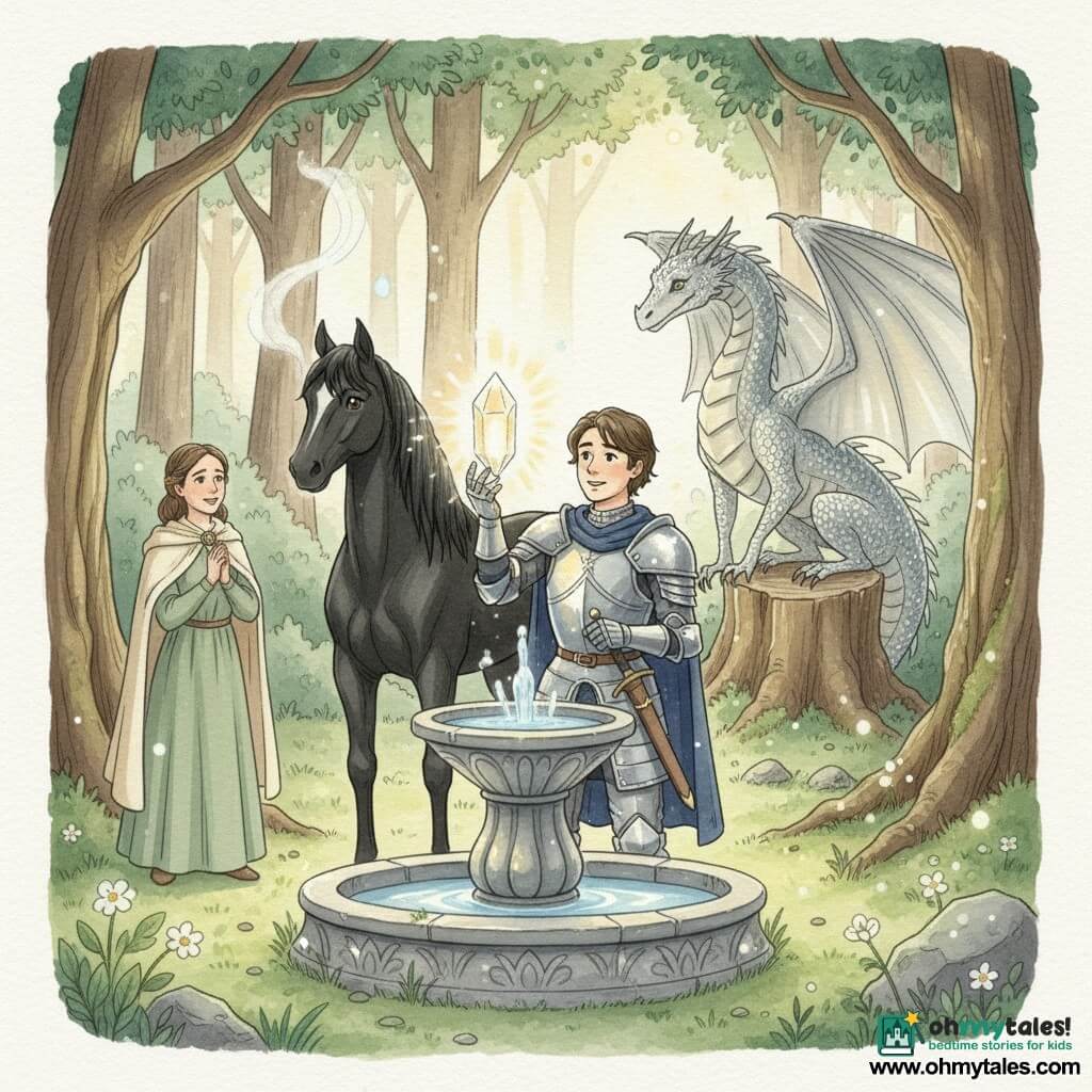 Sir Cedric, an ~18-year-old knight in shiny silver armor and a navy surcoat, smiles with a determined, awed expression while delicately holding the Healing Crystal that lights his face; Thunder, a glossy black horse, stands just behind with steaming nostrils and gentle eyes; a large silver dragoness perches on a rocky stump in the background with partially spread wings and a protective, benevolent gaze; Lady Elara, a ~35-year-old healer in a simple sage-green dress and cream cloak, stands at the meadow's edge with clasped hands, relieved and grateful, watching Sir Cedric; the scene is an enchanted forest glade with twisted trunks, translucent emerald leaves, a mossy carpet and small glowing flowers, and a carved stone fountain at the center where the crystal floats as golden sunbeams filter through; the moment is triumphant and gentle—the knight has recovered the crystal and magical light envelops the glade—composition centered on the knight and crystal, pastel blues, greens and silvers, watercolor textures with white gel-pen highlights on the crystal and dragon scales.