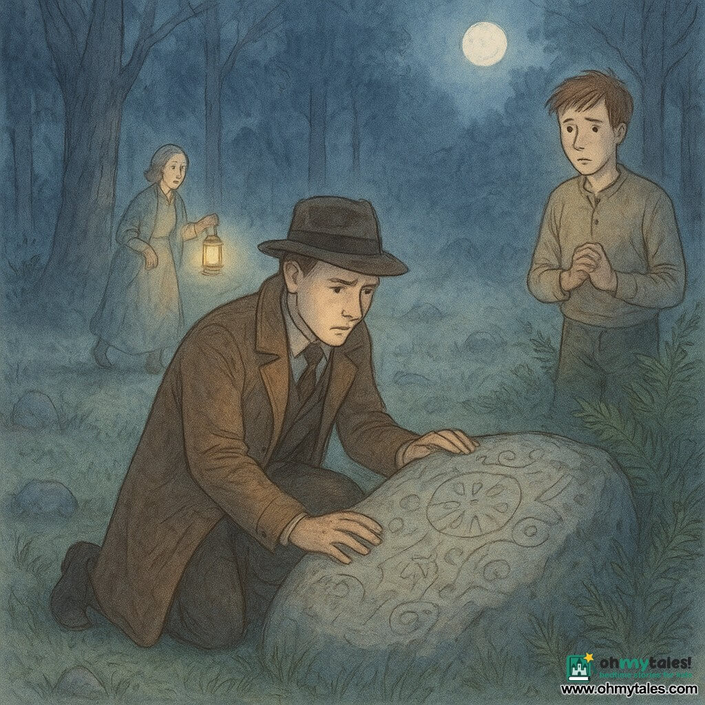 A man — detective James Holloway — kneels at the center, focused and slightly worried, wearing a long brown coat and felt hat, examining a large stone covered in carved symbols; a young man, Peter (about 20), stands at the circle's edge with clenched hands and a guilty, hesitant look, partially hidden by ferns and lit by distant lanterns; an older village woman (50–60) retreats in the background holding a lantern, surprised and anxious; the setting is a wooded clearing under a full moon with dark tree trunks, tall grass, small stones, light ground mist, and the warm lantern glow contrasting with the cold blue night, after a nocturnal village gathering around the strange-symbol stone, creating a quiet, mysterious tension.