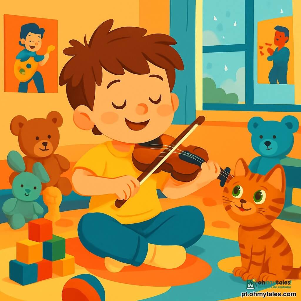 Um jovem garoto chamado Léo, com cabelos castanhos bagunçados e olhos brilhantes de alegria, está sentado no chão de seu quarto. Ele toca seu pequeno violino, com um sorriso radiante iluminando seu rosto, enquanto fecha os olhos para ouvir melhor a melodia que cria. Ao seu lado, um gato malhado de olhos verdes, curioso e atento, observa Léo com fascínio, como se fosse seu maior fã. O quarto está cheio de brinquedos coloridos: bichos de pelúcia, blocos de construção e pôsteres de músicos nas paredes. Uma janela deixa entrar a suave luz da tarde, e gotas de chuva escorrem pelo vidro, acrescentando um toque de magia à atmosfera. Léo, perdido em sua música, imagina um mundo onde pode compartilhar suas canções com todos os amigos, transformando seu quarto em um verdadeiro concerto encantado.