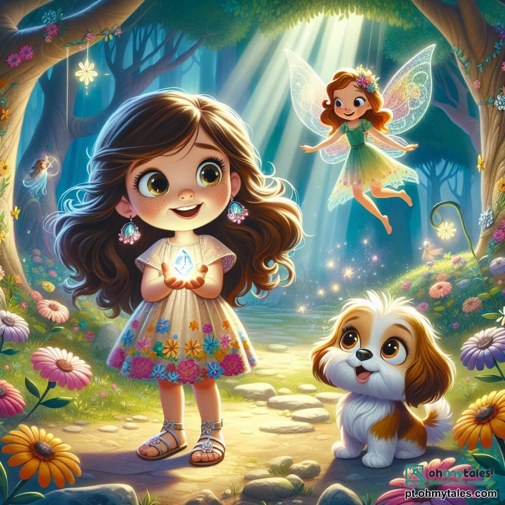 Uma menina de 8 anos, Clara, com longos cabelos castanhos e olhos brilhantes de curiosidade, está no centro da cena, sorridente e maravilhada, segurando uma pedra luminosa nas mãos. Ela veste um vestido colorido decorado com flores e sandálias, e seu fiel cachorro, Pipoca, um pequeno cão de pelos cacheados e olhos travessos, está sentado aos seus pés, abanando o rabo com entusiasmo. Ao lado deles, uma fada chamada Estela, com asas translúcidas cintilantes e um vestido feito de pétalas de flores, flutua levemente acima do chão, sorrindo calorosamente para Clara e Pipoca, guiando-os em sua aventura. O local é uma clareira mágica, cercada por grandes árvores de troncos retorcidos e flores vibrantes que parecem cantar ao vento. A luz do sol filtra através das folhas, criando padrões dançantes no chão. A cena principal mostra Clara, Pipoca e Estela descobrindo a pedra mágica que brilha intensamente no centro da clareira, enquanto uma estrela cadente atravessa o céu, iluminando a cena com um brilho encantador e promissor de aventuras que estão por vir.