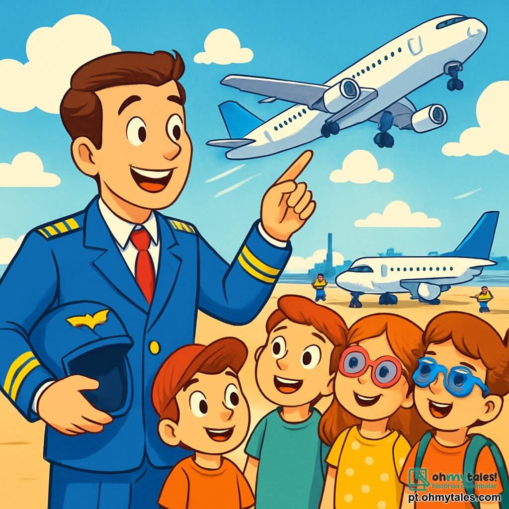 Um piloto homem, chamado Lucas, sorridente e entusiasmado, veste um uniforme azul com ombreiras douradas. Seus cabelos castanhos estão penteados para trás, e ele segura um capacete de piloto em uma mão enquanto aponta para um avião ao fundo. Ao lado dele, um grupo de cinco crianças, três meninos e duas meninas, com idades entre 8 e 10 anos, com os olhos arregalados de admiração. Os meninos usam camisetas coloridas e bonés, enquanto as meninas vestem vestidos leves e óculos de sol. O local é um aeroporto movimentado, com aviões de diferentes tamanhos estacionados na pista, nuvens brancas flutuando em um céu azul brilhante, e técnicos uniformizados trabalhando ao redor dos aviões. A cena principal mostra Lucas explicando às crianças as maravilhas do voo, apontando para um grande avião decolando, enquanto as crianças o escutam atentamente, cativadas por suas histórias de aventuras no ar.