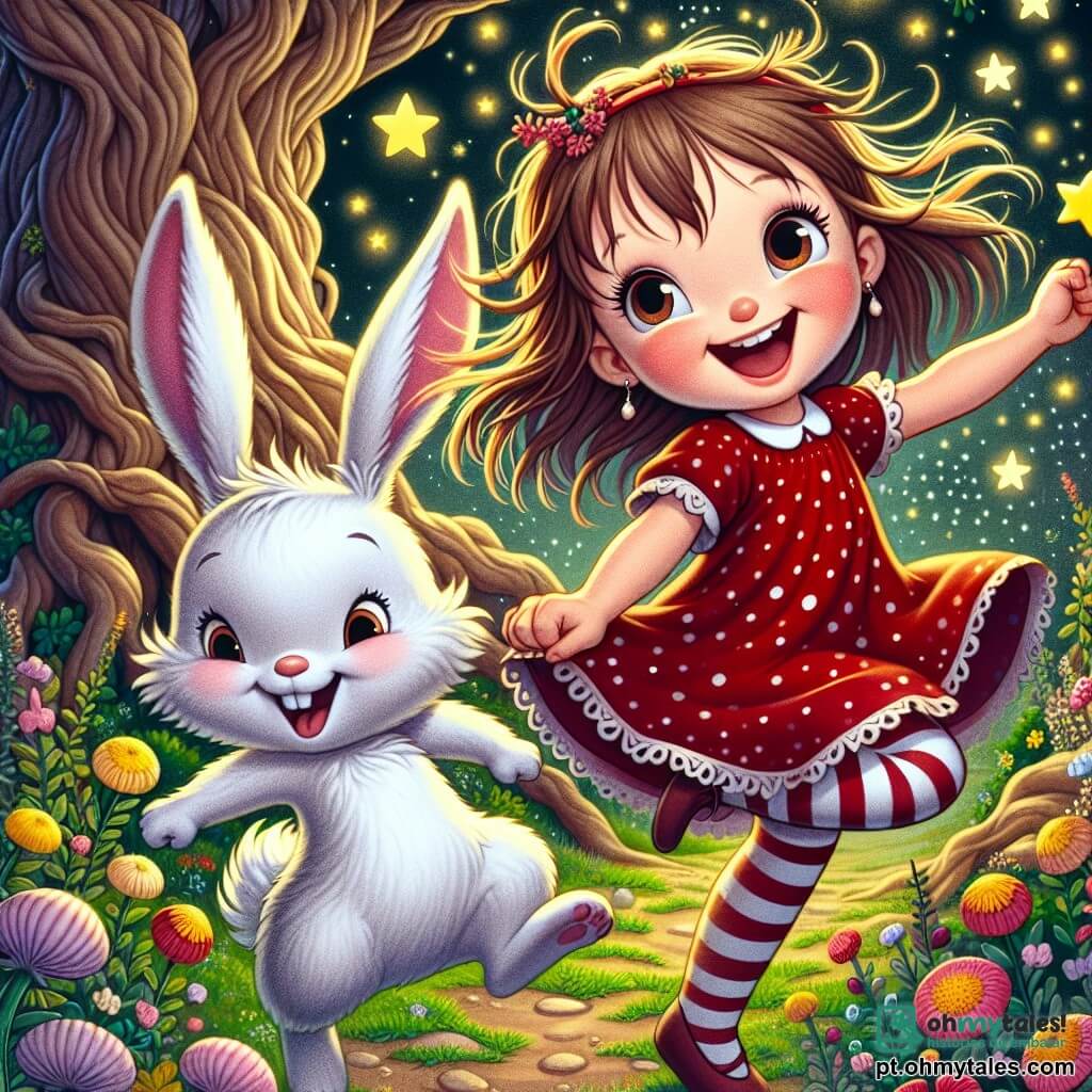 Uma menina de 4 anos chamada Lili, com longos cabelos castanhos e olhos brilhantes de alegria, dança com um grande sorriso no rosto. Ela usa um vestido vermelho com bolinhas brancas e meias listradas. Ao seu lado, um coelhinho travesso chamado Bilu, com pelagem branca e grandes orelhas, salta de alegria segurando uma estrela dourada nas patas. Eles estão em um jardim encantado, cheio de flores coloridas que dançam ao ritmo de uma brisa suave. Árvores majestosas com troncos tortuosos cercam o espaço, e estrelas cintilantes flutuam no ar, acrescentando um toque de magia à cena. Lili e Bilu dançam juntos, cercados por pequenas estrelas que giram ao redor deles, criando uma atmosfera festiva e alegre, cheia de risos e felicidade.