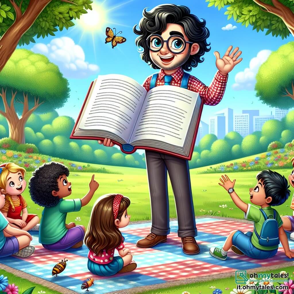 Un uomo, il Maestro Marco, si trova al centro di un parco soleggiato, con un grande sorriso caldo sul volto. Ha capelli neri e ricci, indossa una camicia a quadri rossi e blu, e tiene un grande libro aperto tra le mani, pronto a raccontare una storia. Alla sua destra, una bambina di 7 anni di nome Sofia, con lunghi capelli biondi e occhi blu scintillanti, alza la mano con entusiasmo per fare una domanda. Alla sua sinistra, un ragazzo di 8 anni di nome Luca, con occhiali e un grande sorriso, tiene un piccolo insetto in mano, mostrando la sua scoperta ai compagni. Il luogo è un parco verdeggiante, pieno di alberi maestosi, fiori colorati e una grande coperta da picnic dove altri bambini sono seduti, ascoltando attentamente. La scena principale mostra il Maestro Marco mentre condivide una storia affascinante con i suoi alunni, circondato da risate e curiosità, mentre il sole splende sopra di loro, creando un'atmosfera gioiosa e magica.