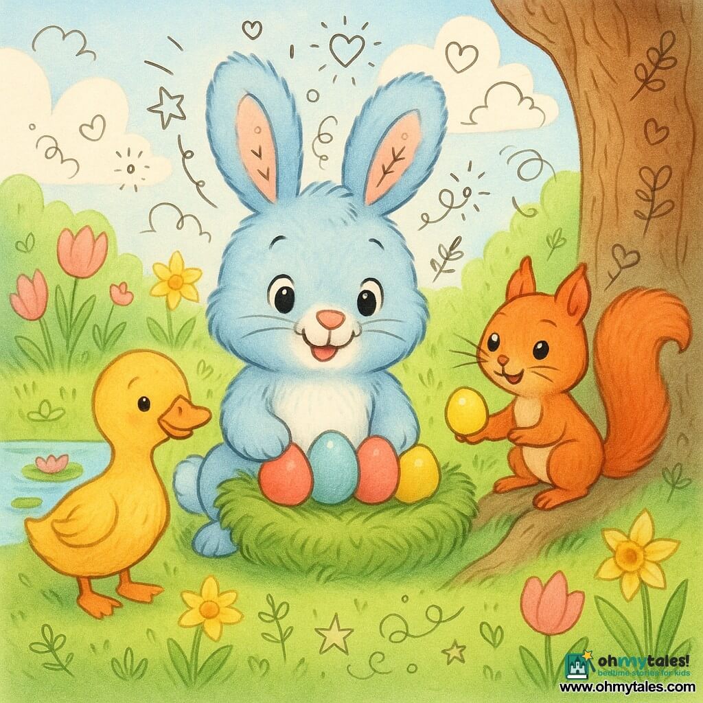 A small blue plush bunny (main character) with round shiny eyes, a gentle smile and joyful expression, pale fluffy blue fur with a white belly, delicately holding four colorful eggs and sitting in a grass nest; to the left, an orange-yellow duck (secondary) with smooth plumage and a kind curious gaze stands near a small pond reflecting light, tilting its head as if greeting; to the right, a small red squirrel (secondary) with bright eyes and whiskers, a mischievous friendly expression, perched on a tree root offering a yellow egg on its paw; setting: bright spring garden with tender green grass, pink tulips, yellow daffodils, a large textured brown-trunk tree and a calm pond with lily pads, clear blue sky with a few fluffy clouds; main scene: the bunny arranging its colorful eggs in a row in the nest while the duck and squirrel watch and smile, soft mood, vivid pastel colors, rounded textures and simple shapes; add a light overlay of white doodles (small hearts, flowers and motion lines) around the characters for a joyful childlike effect; style: children's illustration, soft strokes, rounded outlines, pastel palette, centered clear composition.