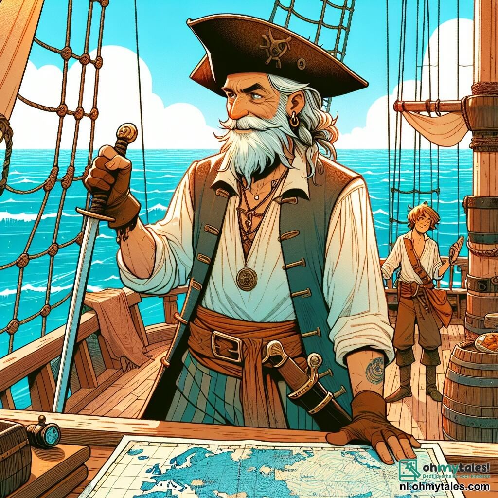 Hoofdpersonage Kapitein Jakob is een man van ongeveer 60 jaar, met een lange witte baard en sprankelende ogen vol ondeugd. Hij draagt een versleten piratenhoed, een witte linnen shirt en een lange leren jas, en staat trots op het dek van zijn schip, met zijn hand op zijn zwaard en een vastberaden, avontuurlijke glimlach. Naast hem staat Maartje, een jonge vrouw van ongeveer 25 jaar, met bruin gevlochten haar en een ronde bril. Ze bestudeert een oude kaart, gebogen over de reling, met een geconcentreerd en gepassioneerd gezicht. Pieter, een stevige man van ongeveer 40 jaar, bereidt een maaltijd achterop het schip, met een canvas schort en een grote glimlach, wat een warme sfeer toevoegt. De scène speelt zich af op het dek van het schip "De Zilveren Zeester", dat zachtjes op turquoise golven wiegt onder een stralende blauwe lucht, met meeuwen die boven vliegen en de zon die schijnt, wat een blije en avontuurlijke sfeer creëert. De belangrijkste situatie toont Kapitein Jakob en zijn trouwe team die zich voorbereiden om op avontuur te gaan, vastbesloten om een oude schatkaart te vinden, met gelach en opwindende kreten in de lucht, wat de avontuurlijke geest symboliseert die hen verbindt.