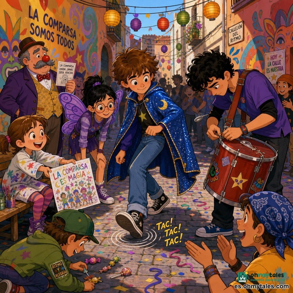 Un niño de 12 años, Bruno, rostro concentrado y sonrisa tímida, ojos brillantes, cabello castaño despeinado, chaqueta azul con capa estrellada brillante, marca el ritmo con el pie derecho en un empedrado; un adolescente, Teo (≈16 años), piel clara y rizos negros, lleva un gran tambor rojo con correa y se inclina a la derecha de Bruno ajustando la correa rota; una niña de 11 años, Laila, cabello recogido, alas de mariposa violetas y gafas redondas, sonriente, se agacha detrás de Bruno para escuchar el "tac"; un hombre adulto, don Roque (≈50 años), corpulento, bigote gris y nariz roja de payaso, sostiene un papel y mira orgulloso desde la acera; una niña de 8 años, Inés, vestido manchado de pintura y coletas, muestra un gran dibujo junto a un banco; lugar: un estrecho callejón empedrado con murales coloridos, confeti y serpentinas en el suelo, farolillos colgados y espectadores difuminados; situación: el tambor de Teo suena desajustado y la música decae; Bruno mantiene el tempo con golpes de pie visibles en el suelo mientras la comparsa improvisa con cucharas, palmas y recoge caramelos, ambiente de carnaval animado y colores saturados.