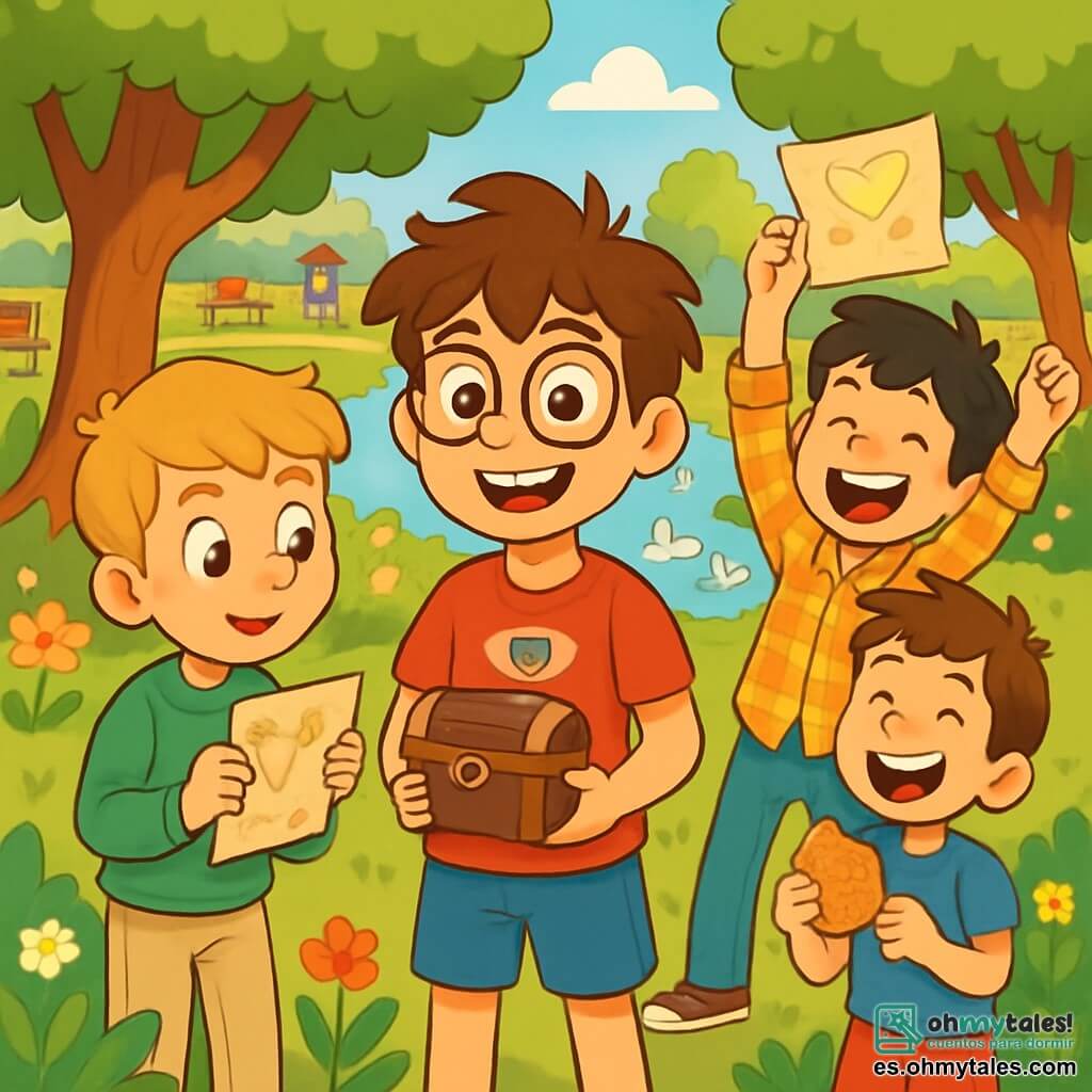 Hay 4 niños: - Nacho: un chico de 10 años, con cabello castaño desordenado y gafas redondas. Lleva una camiseta roja con un dibujo de superhéroe y un pantalón corto azul. Está de pie en el centro, sonriendo con entusiasmo, sosteniendo una pequeña caja misteriosa. - Lucas: un chico de 9 años, con cabello rubio corto y ojos brillantes. Lleva un sudadera verde y pantalones beiges. Está a la izquierda de Nacho, leyendo una de las pistas con curiosidad. - Mateo: un chico de 10 años, con cabello negro y pecas en la cara. Lleva una camisa a cuadros y jeans. Está a la derecha de Nacho, levantando los brazos con alegría, habiendo encontrado otra pista. - Diego: un chico de 9 años, con cabello castaño y una sonrisa radiante. Lleva una camiseta azul y un pantalón corto rojo. Está un poco atrás, riendo con una galleta en la mano, mirando a sus amigos con felicidad. El lugar es un parque soleado, lleno de flores coloridas y árboles majestuosos. Hay un pequeño estanque con patos nadando pacíficamente y un viejo puente de madera que cruza el agua. Hay bancos de madera dispersos, y niños jugando a lo lejos, creando una atmósfera alegre y animada. La situación principal muestra a los cuatro amigos en plena búsqueda del tesoro, rodeados de hojas y flores, con risas y sonrisas radiantes. Están concentrados en sus pistas, listos para descubrir el tesoro escondido, simbolizando su amistad y la magia del Día de San Valentín.