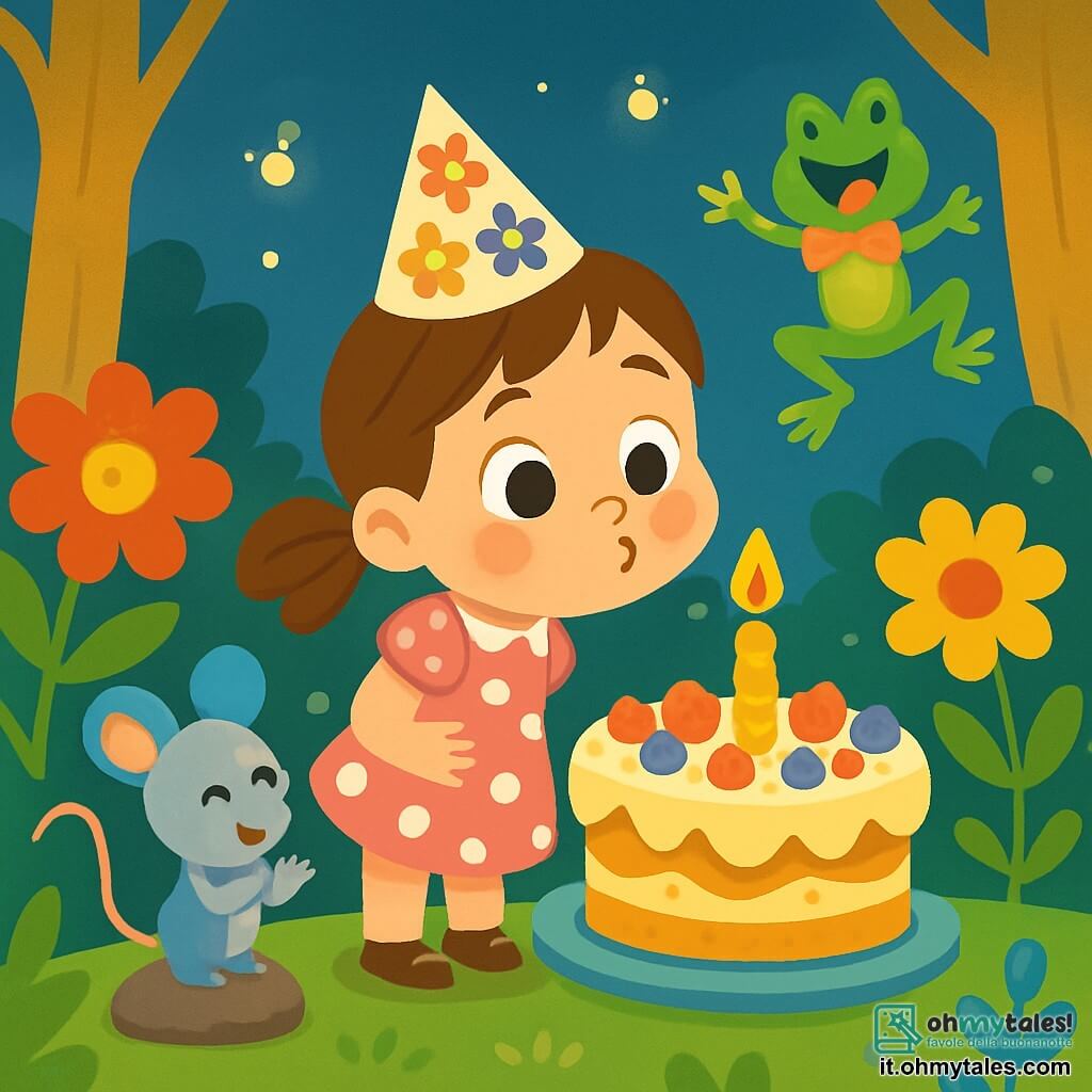 Una bambina di 2 anni, Mia, con grandi occhi brillanti e un sorriso radioso, si trova al centro dell'immagine. Indossa un vestito rosa a pois bianchi e un piccolo cappello di carta decorato con fiori colorati. Sta soffiando su una grande candela di compleanno su una torta magnificamente decorata di crema e frutta. Accanto a lei, un piccolo topolino di nome Pino, con un cappello blu e orecchie rotonde, applaude gioiosamente. Più lontano, una rana verde di nome Lalla, con un bel fiocco rosa attorno al collo, salta in aria ridendo, con le zampe posteriori sollevate. Il decor è un boschetto magico, pieno di fiori giganti dai colori vivaci e lucciole scintillanti che illuminano il cielo crepuscolare. Gli alberi dai tronchi dorati circondano lo spazio, creando un'atmosfera incantata. La scena principale mostra Mia, circondata dai suoi amici, mentre celebra il suo compleanno con gioia, pronta a soffiare le candeline, mentre risate e colori vivaci riempiono l'aria.