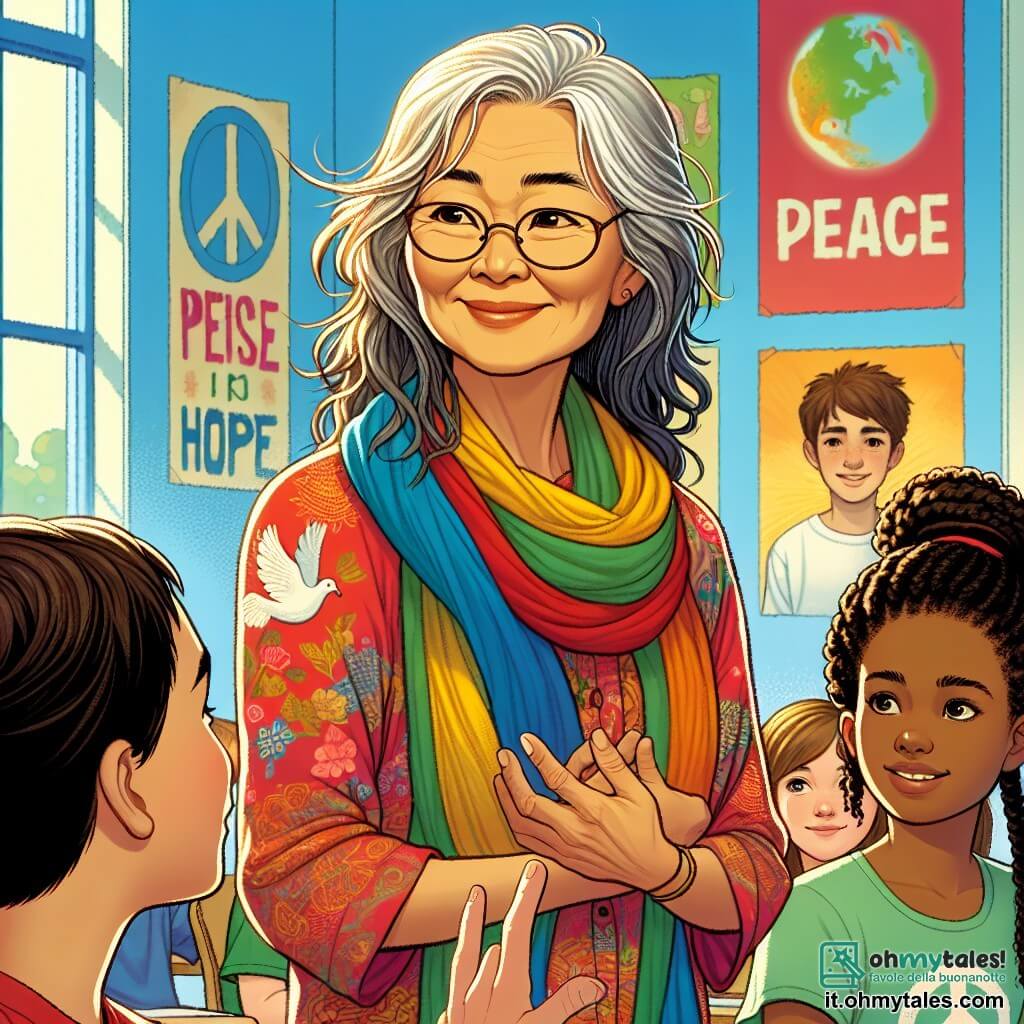 Al centro dell'immagine, Laura, una donna di circa cinquanta anni, sorride calorosamente con i capelli brizzolati che fluttuano leggermente nel vento. Indossa una blusa colorata e un foulard vivace, simbolo di speranza. I suoi occhi brillano di emozione mentre parla a un gruppo di bambini, trasmettendo storie di pace e solidarietà. Alla sua destra, Marco, un ragazzo di dodici anni con capelli ricci e occhiali, la ascolta attentamente, pronto a scrivere le sue riflessioni. A sinistra di Laura, Alessia, una ragazza di dieci anni con trecce e un sorriso radioso, alza la mano per porre una domanda, mostrando entusiasmo e curiosità. Indossa una maglietta con un disegno di colomba, simbolo di pace. Lo sfondo è un'aula luminosa, con muri dipinti di colori vivaci e poster sulla pace. L'immagine cattura l'energia dello scambio, i sorrisi e le risate, simboleggiando la speranza di un futuro migliore.